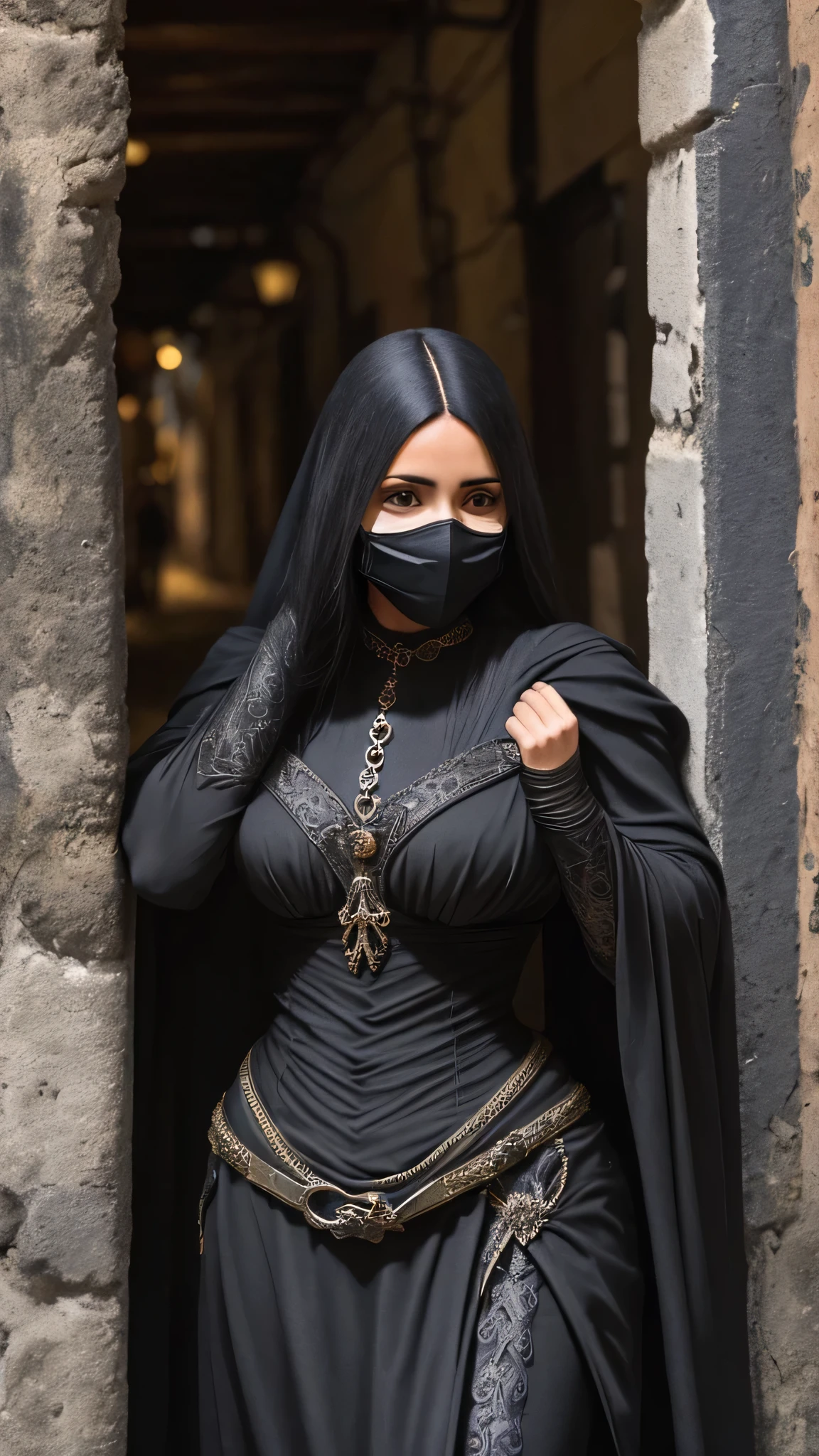 Mulher, cabelos pretos, escondida em um beco escuro, cidade medieval, the woman wears tight black clothing and a mask to hide her face