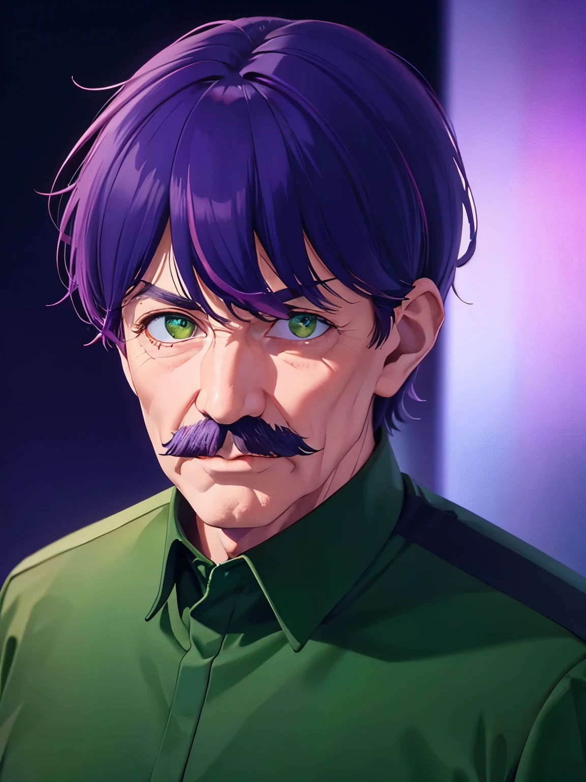 1 old man, 70 years old, short hair, Hands forward,purple hair, green eyes, purple mustache, green army uniform,ultra detail, ultra HD, standing,Thin body,close up photo