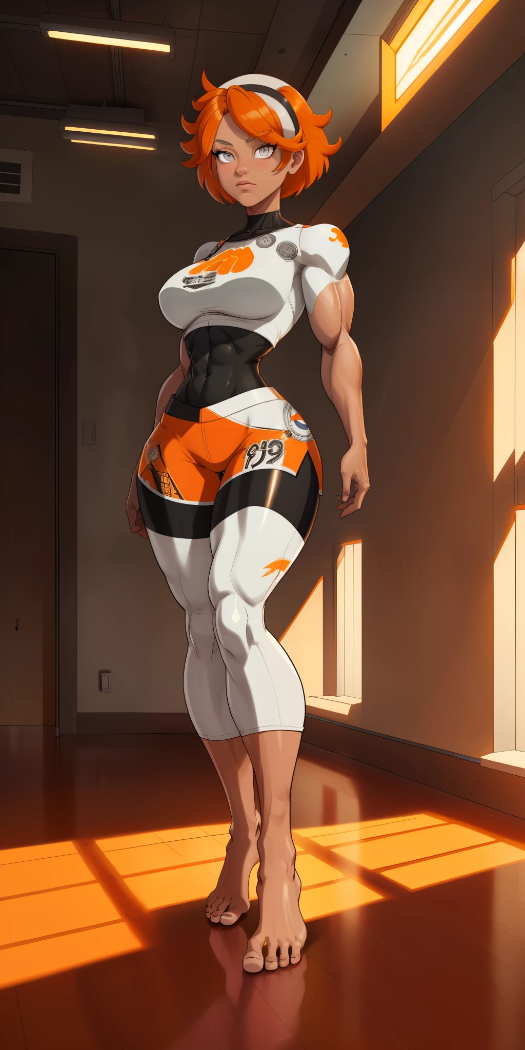 [bea], [pokemon], [uploaded to e621.net; (napalm_express)], ((masterpiece)), ((HD)), ((high res)), ((solo portrait)), ((full body)), ((front view)), ((feet visible)), ((detailed shading)), ((beautiful render art)), ((intricate details)), {anime girl; (dark-toned skin), (cute grey eyes), (short eyelashes), short white hair, (curvy hips), (defined muscles), (beautiful muscular legs), (beautiful feet), (expressionless)}, {(white shirt), (midriff), (bodysuit under clothes), (orange print shorts), (black hairband)}, {(standing), (looking in the distance)}, [background; (open room), (gym), (ceiling lights), (sun rays), (pink and orange sky)]