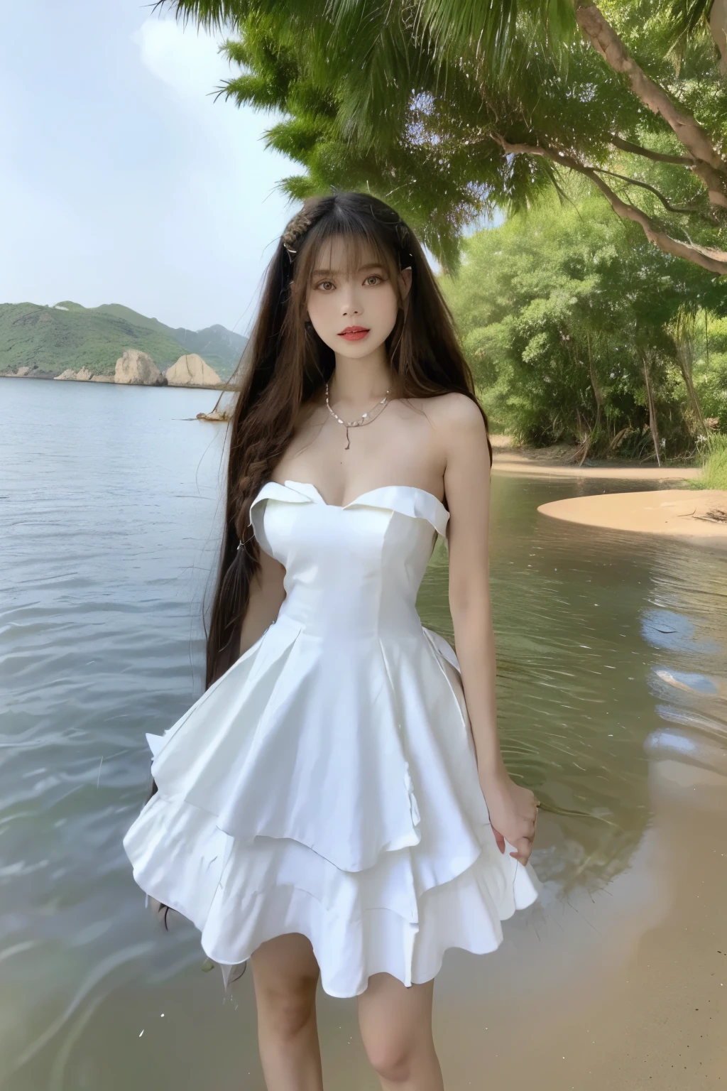 Beautiful woman with perfect body:1.4,Layered Hairstyle,Prominent cleavage,Highly detailed face and skin textures,Double eyelids,Skin Whitening,Long hair,Whitened long legs,(Bridesmaid dress,Chest chain),Standing by the sea,Half-length photo