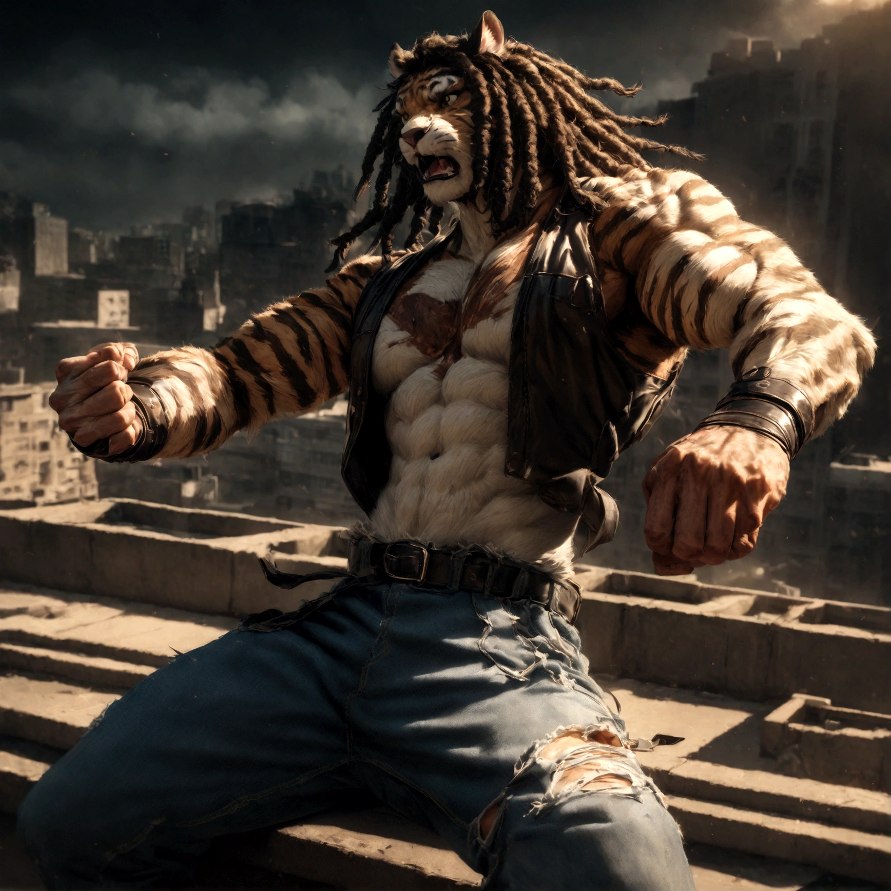 a muscular male furry tiger man, skinny, athletic, wearing leather fingerless gauntlets, long braided dreadlocks, scars and tattoos, tattered jeans, hyper detailed, 8k, photorealistic, dramatic lighting, cinematic composition, dark moody atmosphere, warm color palette has white fur on chest, is fuzzy, martial artist, action pose, on city rooftop, torn jean vest, has bloody handwraps