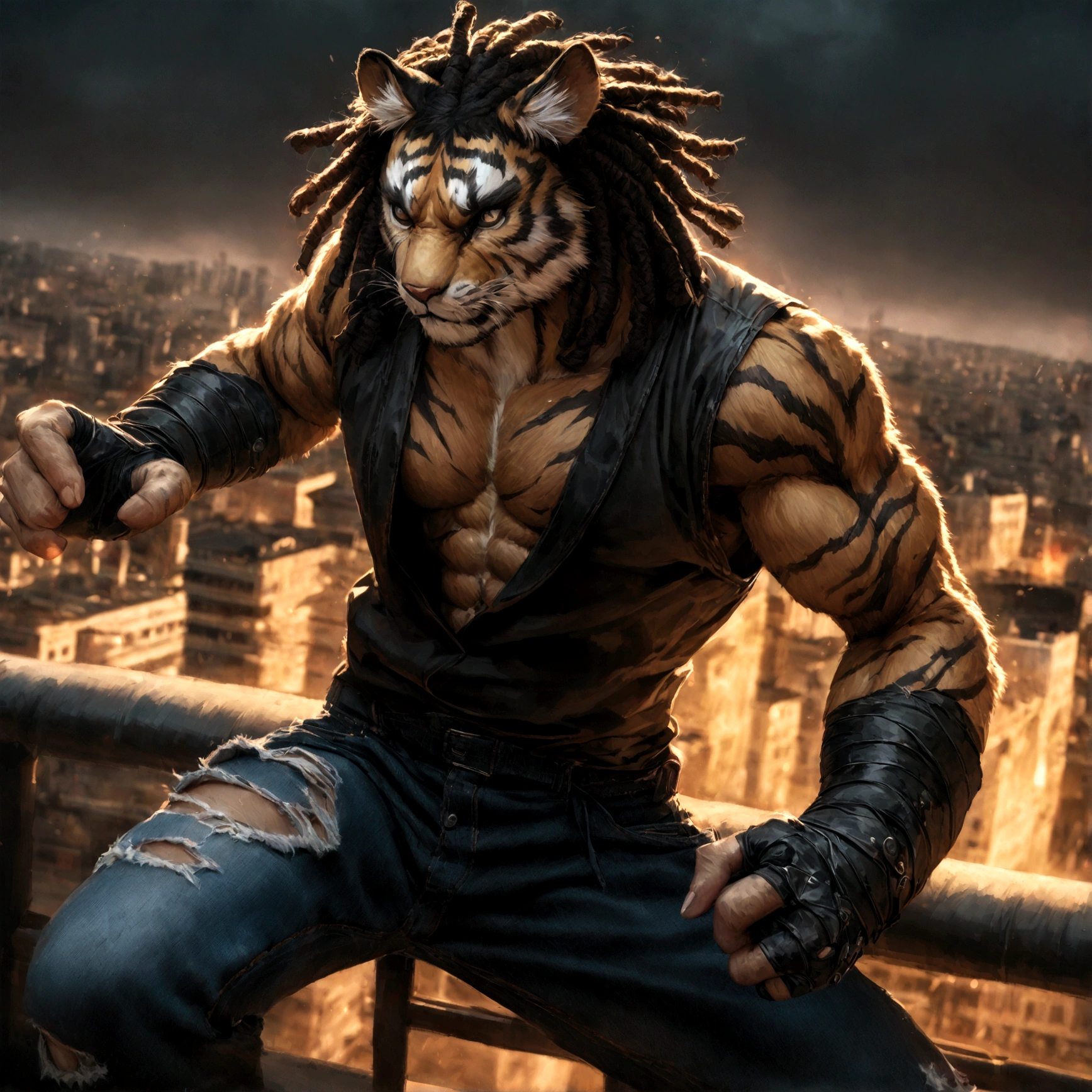a muscular male furry tiger man, skinny, athletic, wearing leather fingerless gauntlets, long braided dreadlocks, scars and tattoos, tattered jeans, hyper detailed, 8k, photorealistic, dramatic lighting, cinematic composition, dark moody atmosphere, warm color palette has white fur on chest, is fuzzy, martial artist, action pose, on city rooftop, torn jean vest, has bloody handwraps