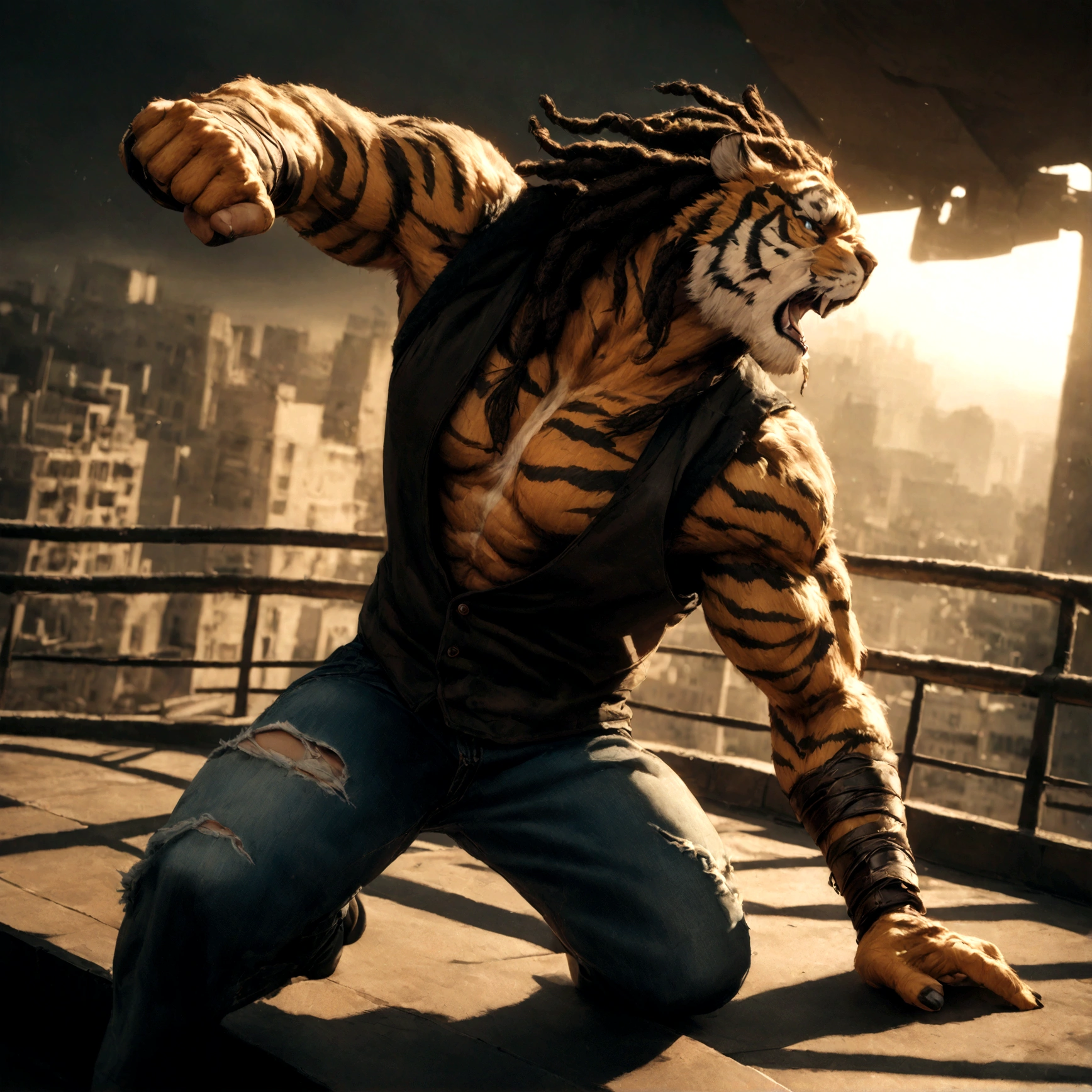 a muscular male furry tiger man, skinny, athletic, wearing leather fingerless gauntlets, long braided dreadlocks, scars and tattoos, tattered jeans, hyper detailed, 8k, photorealistic, dramatic lighting, cinematic composition, dark moody atmosphere, warm color palette has white fur on chest, is fuzzy, martial artist, action pose, on city rooftop, torn jean vest, has bloody handwraps