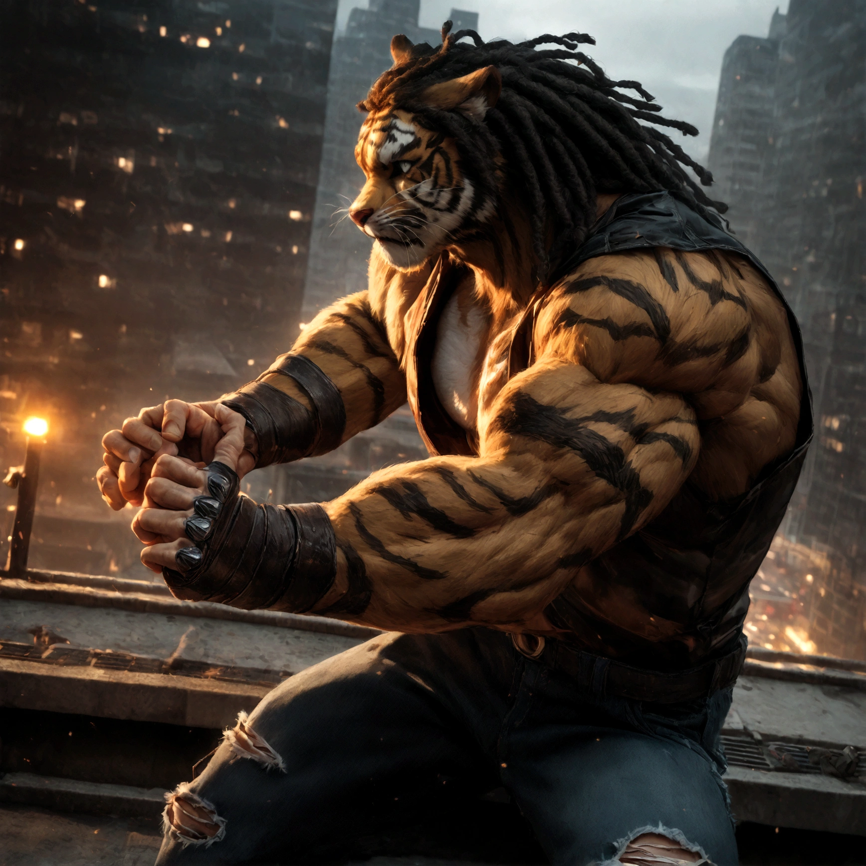 a muscular male furry tiger man, skinny, athletic, wearing leather fingerless gauntlets, long braided dreadlocks, scars and tattoos, tattered jeans, hyper detailed, 8k, photorealistic, dramatic lighting, cinematic composition, dark moody atmosphere, warm color palette has white fur on chest, is fuzzy, martial artist, action pose, on city rooftop, torn jean vest, has bloody handwraps