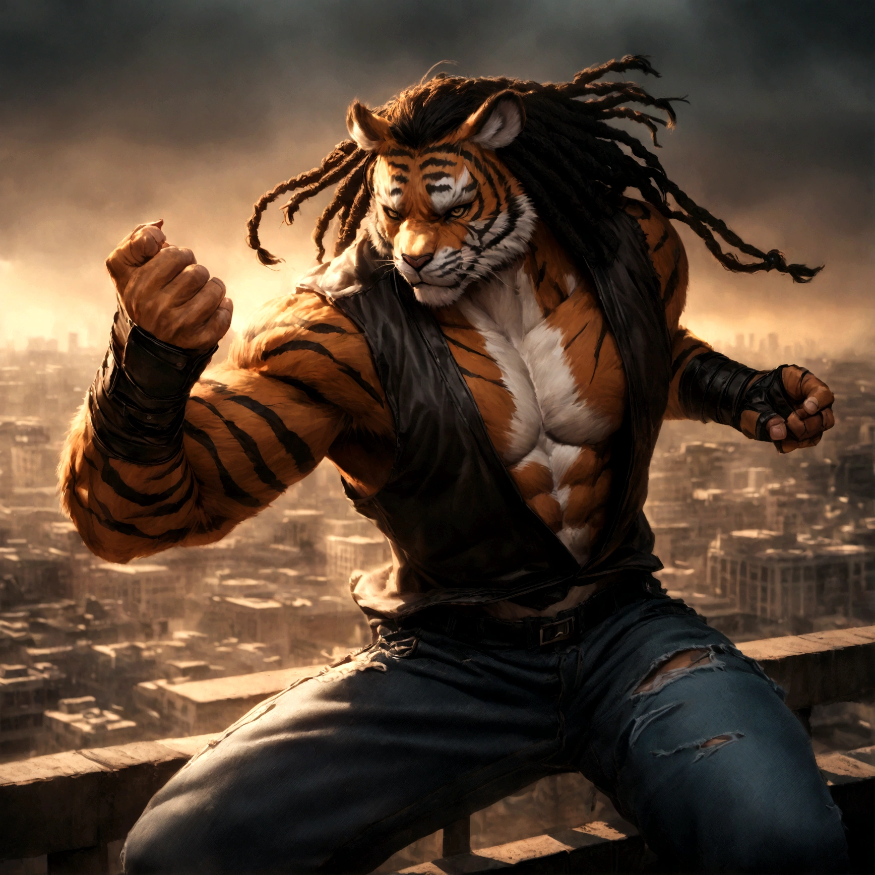 a muscular male furry tiger man, skinny, athletic, wearing leather fingerless gauntlets, long braided dreadlocks, scars and tattoos, tattered jeans, hyper detailed, 8k, photorealistic, dramatic lighting, cinematic composition, dark moody atmosphere, warm color palette has white fur on chest, is fuzzy, martial artist, action pose, on city rooftop, torn jean vest, has bloody handwraps