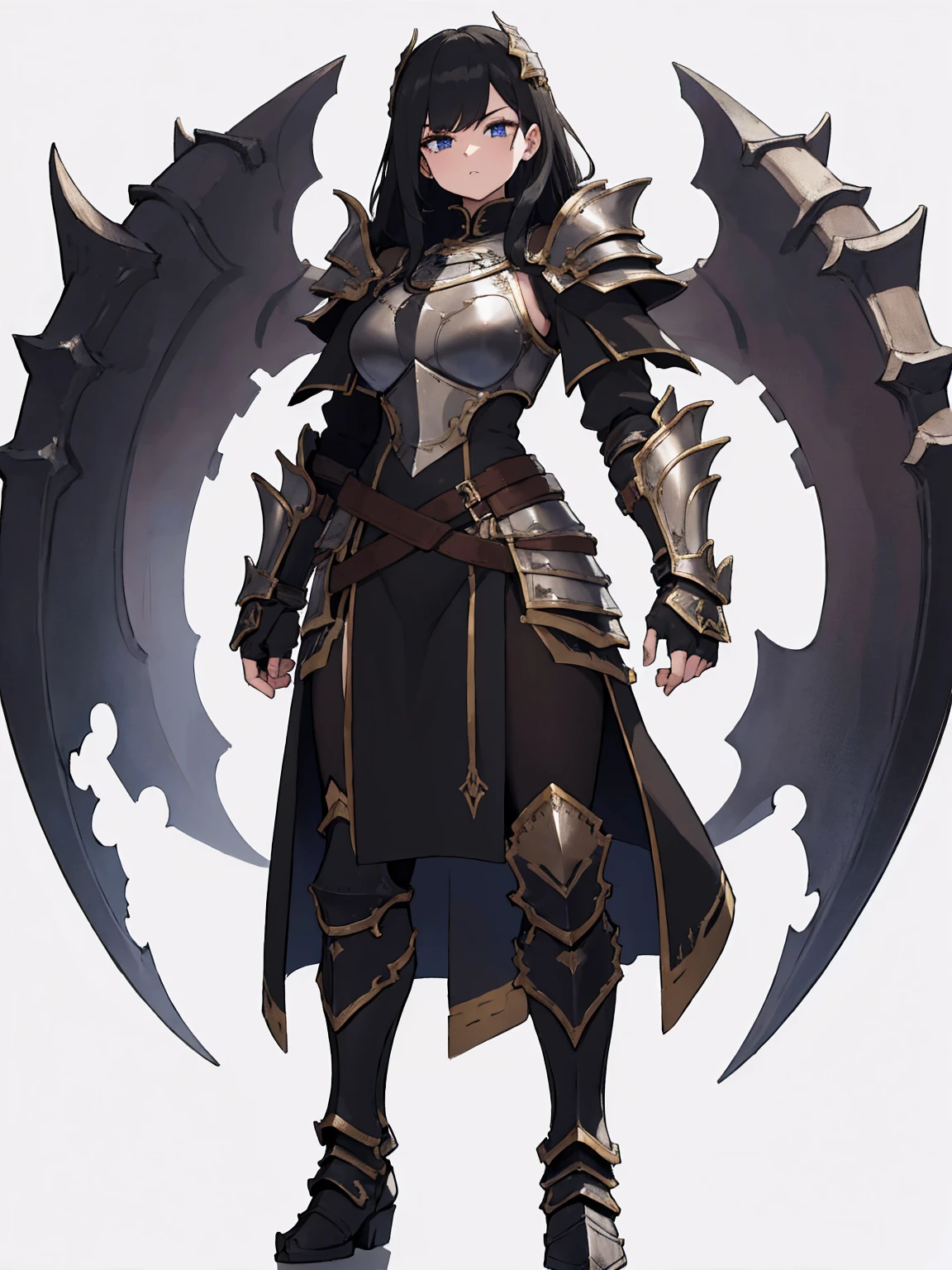 masterpiece, UHD, 4k, highres, ultra highres, hd, best quality, detailed face, very detailed, 1girl, standing, (wearing heavy armor), warrior, full plate armor, breastplate, boots, arm guards, gauntlets, ((holding sword)), (medieval armor), (fully armored), ((fully clothed)), facing viewer, facing front, (full body), (full view), black hair, ((simple background)), (((white background))), 