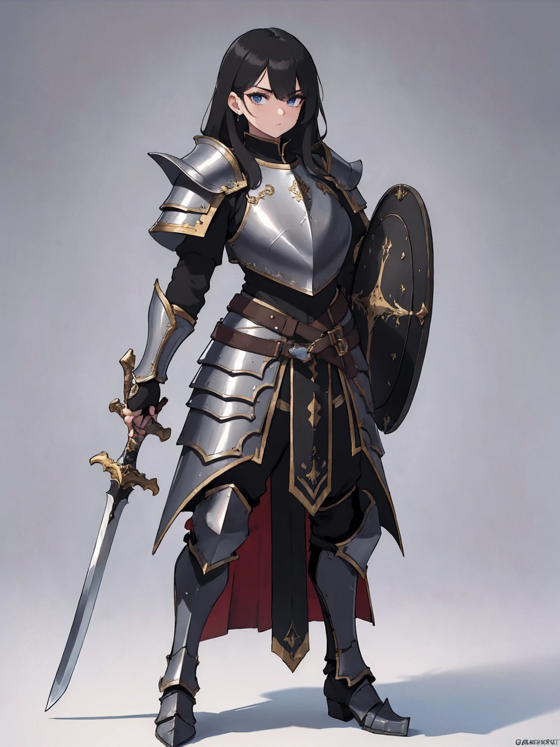 masterpiece, UHD, 4k, highres, ultra highres, hd, best quality, detailed face, very detailed, 1girl, standing, (wearing heavy armor), warrior, full plate armor, breastplate, boots, arm guards, gauntlets, ((holding sword)), (medieval armor), (fully armored), ((fully clothed)), facing viewer, facing front, (full body), (full view), black hair, ((simple background)), (((white background))), 