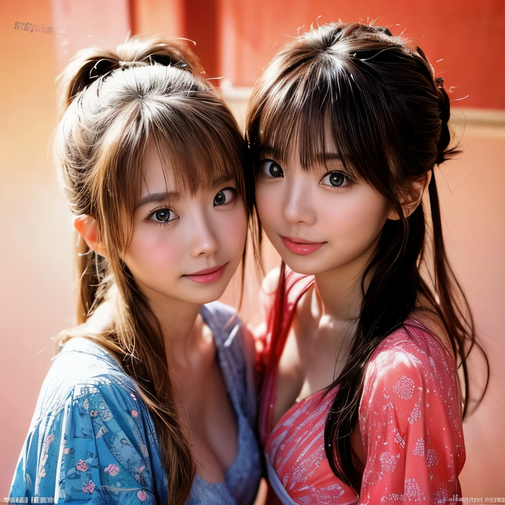 Two female clones huddled together、Exactly the same face、Exactly the same body type、Exactly the same hairstyle、Instagram model from another dimension, by 2 person, Imaginative, Metaphysical, Whimsical, Anaglyph Style, 1 Japan, Cute Face, 18-year-old,