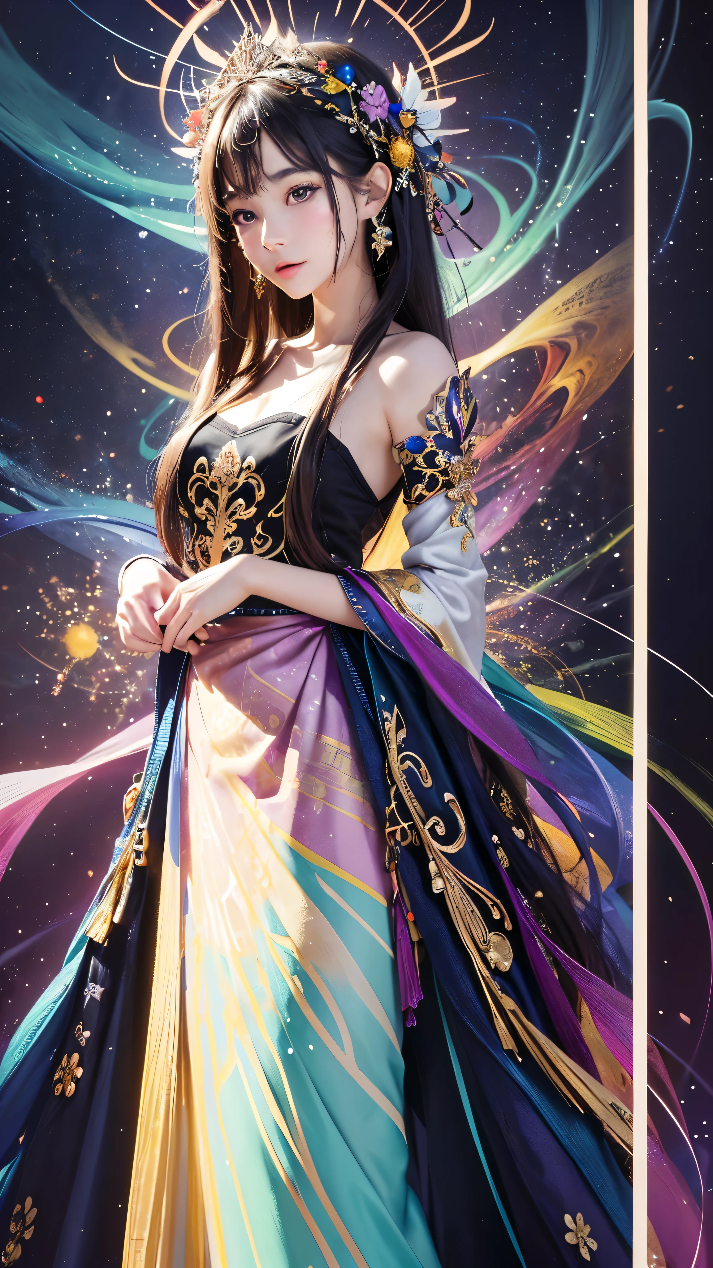 with high definition images,(masterpiece、highest quality、highest quality、Official Art、Beautiful and aesthetic:1.2)、(1 Girl:1.3)、Details of the apron only outfit、(Fractal Art:1.2)、Vivid and rich colors、(Highest detail:1.4)、(Zentangle:1.2)、(Motion Capture:1.5)、(Abstract background、Bursting with color:1.5)、(Beauty in an apron:1.2)、(Shiny skin、Shining under the light:1.3)、(Many colors、harmonious blend:1.4)、 Focus on facial expressions and details。Full body high quality images