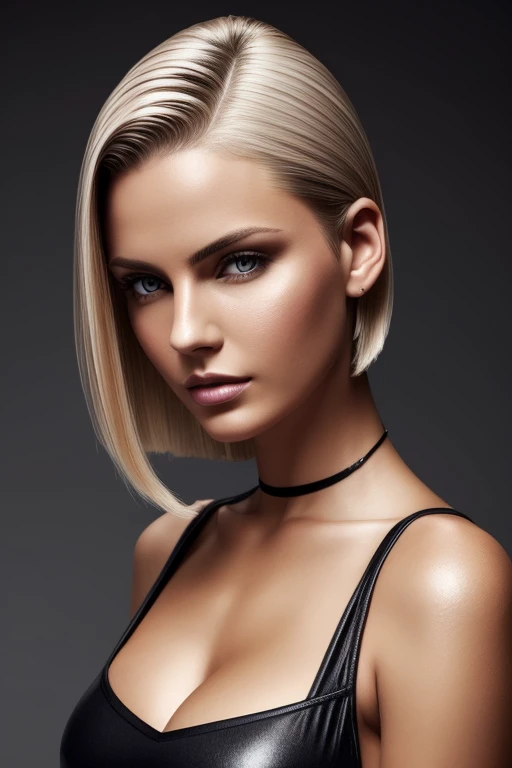 Gorgeous european woman with very short straight hair, short hair, wet hair, hair slicked back, combed straight back, slick hair, caramel blonde streaked hair, seductive, cleavage, solid dark grey background