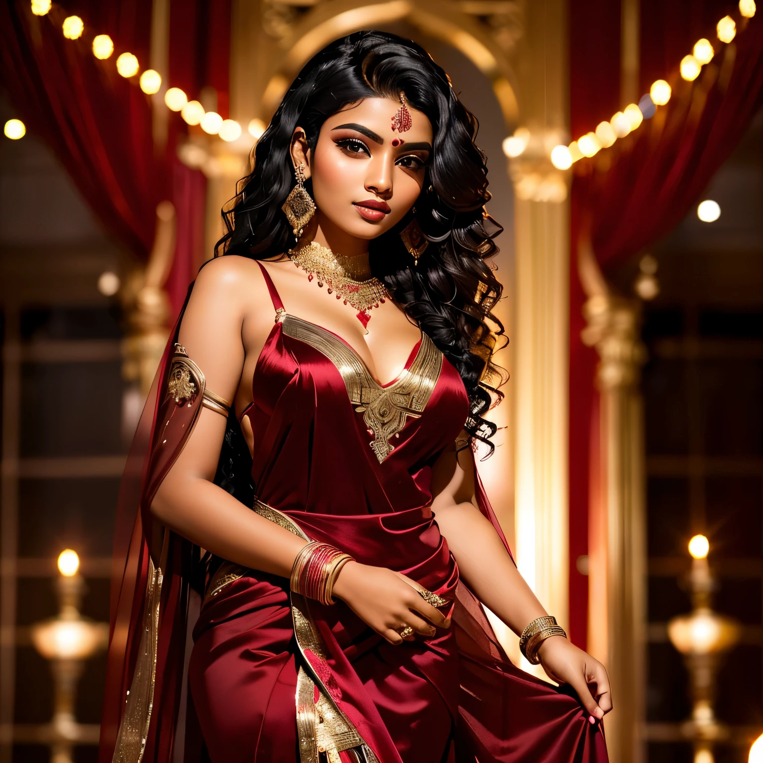  beautiful long curly black -red undercut hair, seductive Indian and Russan mixed race woman in a long satin dress strong shiny reflections on the fabric bokeh background 