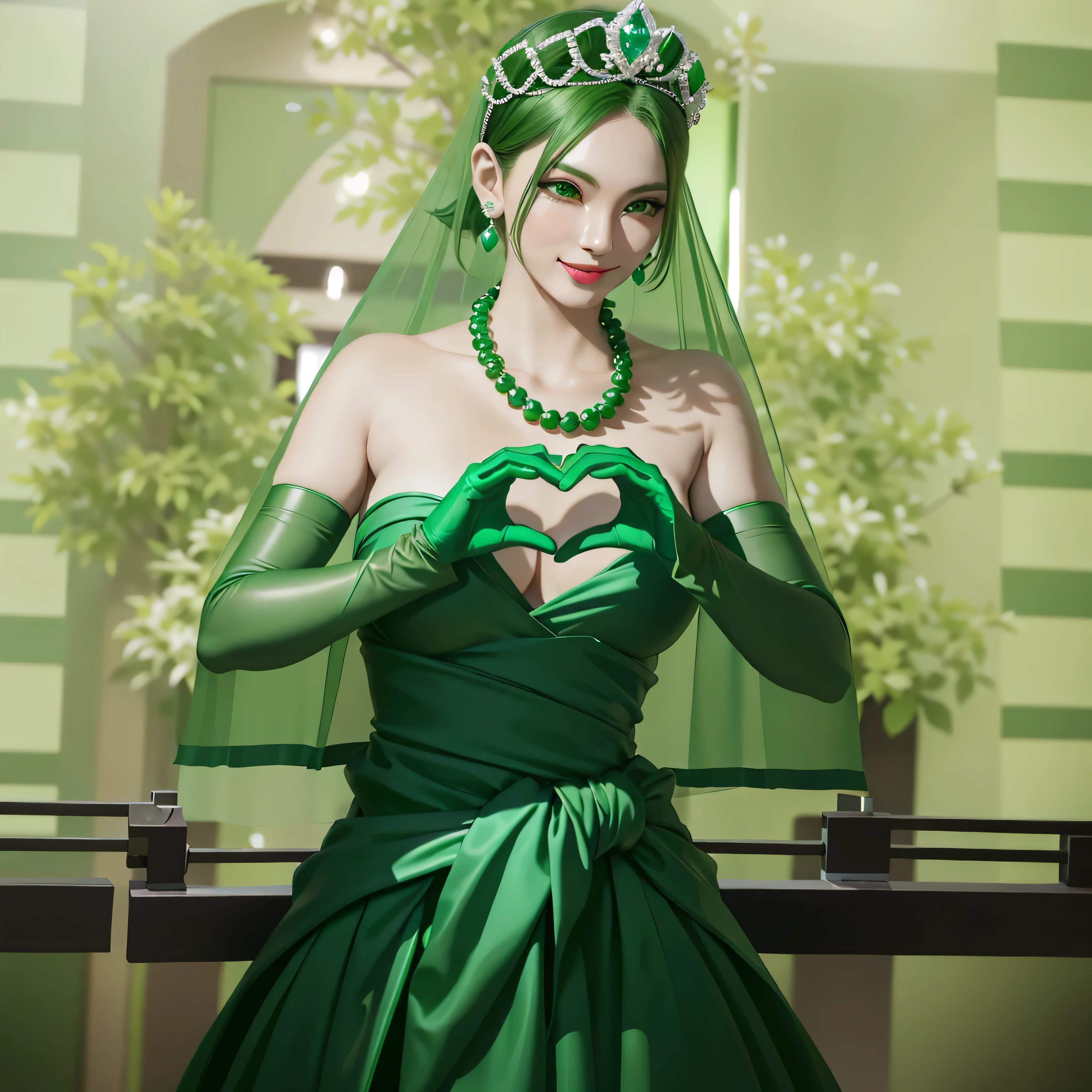 Emerald tiara, Green Pearl Necklace, Boyish very short green hair, Green Lips, Smiling Japanese woman, Very short hair, Busty beautiful lady, Green Eyes, Green satin long gloves, Green Eyes, Emerald Earrings, Green Veil, Heart with both hands, Green Hair, Beautiful Japanese Woman, Heart shaped hands:1.3, green lip gloss