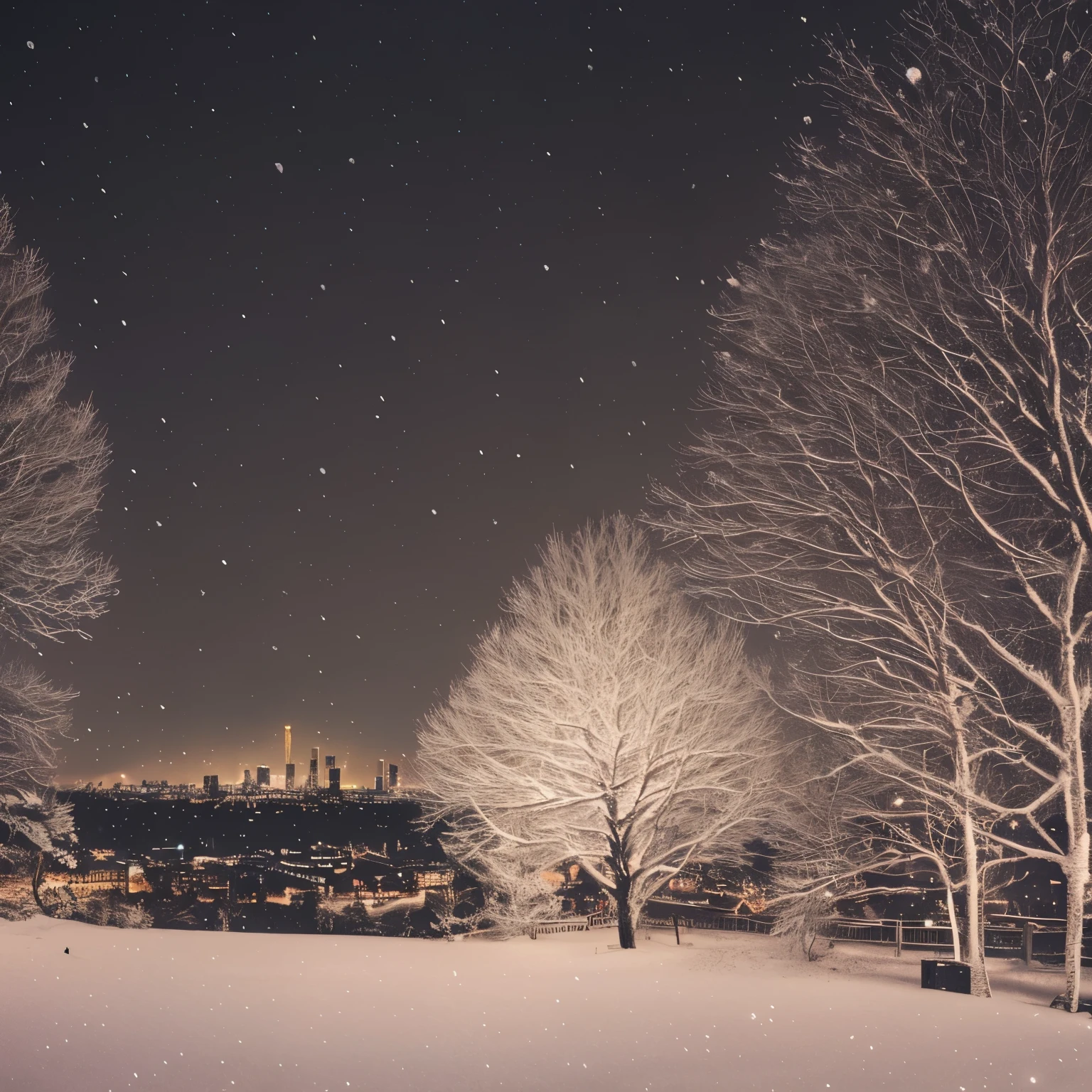 snowy trees and a city lit up at night in the distance, a tilt shift photo by Raphaël Collin, pexels contest winner, romanticism, snowy night, winter night, winter setting, dark winter evening, cold but beautiful, snow glow, atmospheric cold lighting, snowfall at night, warm glow from the lights, beautiful small town, scenic view at night