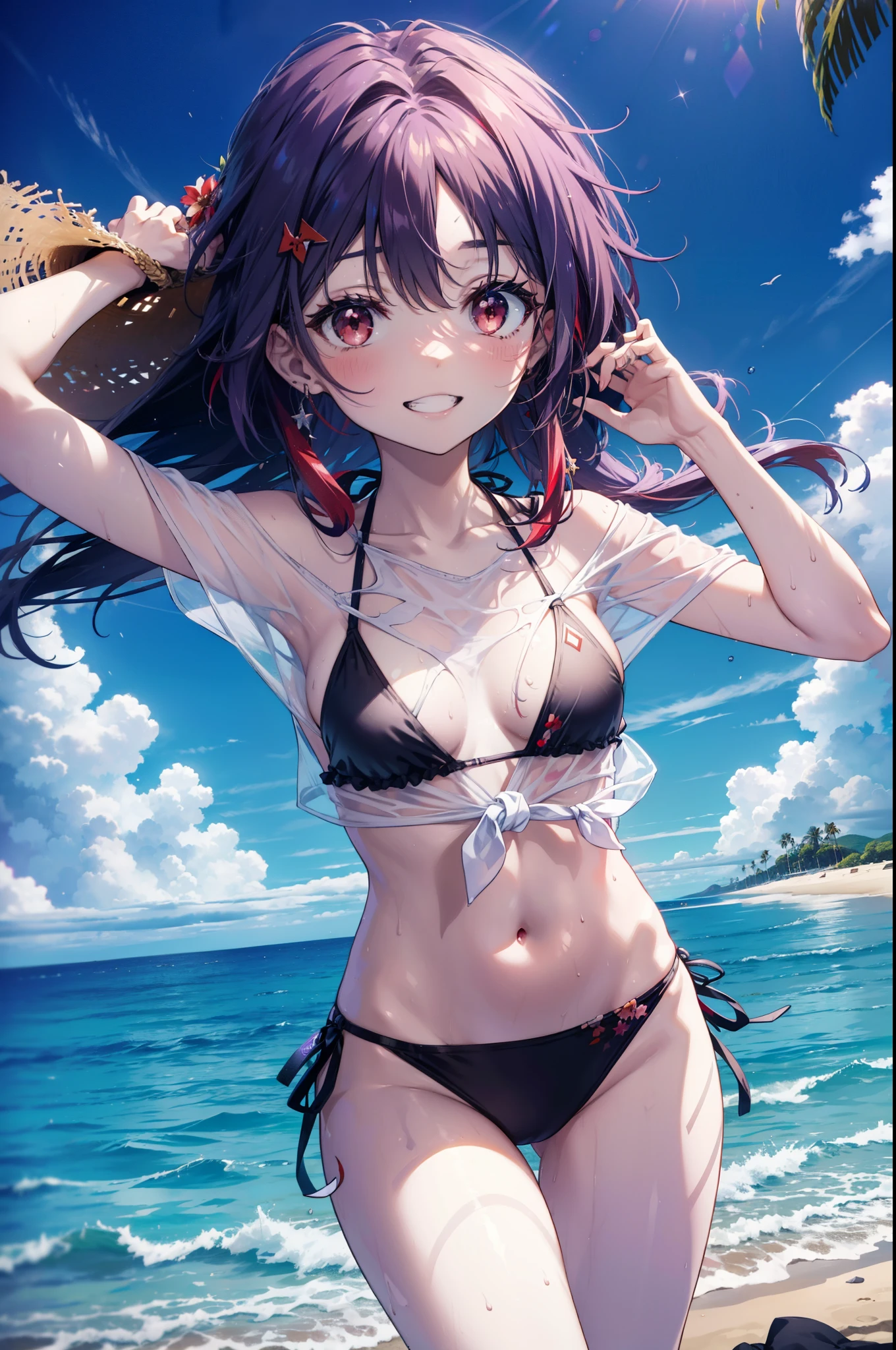yuukikonno, Konno Yuuki, hair band, Long Hair, Pointed Ears, Purple Hair, (Red eyes:1.5), (Small breasts:1.2), Grin,smile,Purple bikini swimsuit oversized t-shirt,barefoot,Palm tree,Holding a swim ring in his right arm,Palm tree,True Summer,whole bodyがイラストに入るように,Walking,
break looking at viewer, whole body,(Cowboy Shot:1. 5)
break outdoors, Beach,Sandy Beach,
break (masterpiece:1.2), highest quality, High resolution, unity 8k wallpaper, (figure:0.8), (Beautiful fine details:1.6), Highly detailed face, Perfect lighting, Highly detailed CG, (Perfect hands, Perfect Anatomy),