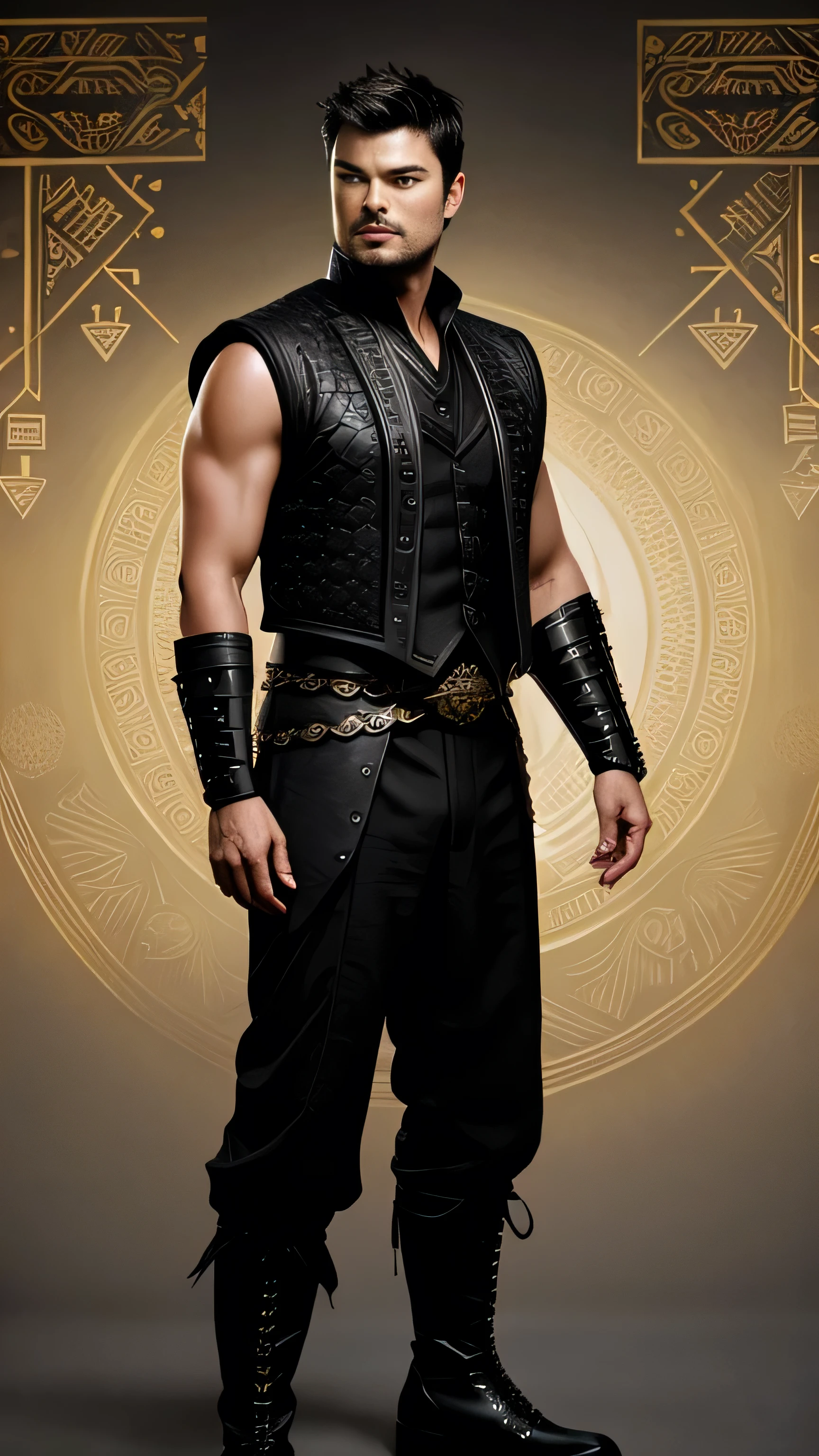 (Karl Urban) as Taven from Mortal Kombat, short black hair, black sleevless vest, (naked torso), black wide trousers, boots, (golden patterns:1.2), Dragon symbol, amulet, 1man, solo, full body view, front view, looking at viewer, intricate, high detail, sharp focus, dramatic, photorealistic painting art by greg rutkowski