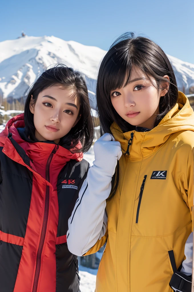 , Long blown by the wind [Blue-black:.3] hair,View Viewer, (masterpiece:1.3), (8k, Realistic, RAW Photos, highest quality: 1.4), Japanese, (One girl), Beautiful Face, (Realistic Face), (black hair, short hair:1.3), beautiful hairstyle, Realistic eyes, Beautiful fine details, (Realistic Skin), Beautiful Skin, Charm, Ultra-high resolution, Ultra-realistic, Very detailed, Ski Team - Insulated Ski Suits and Goggles.