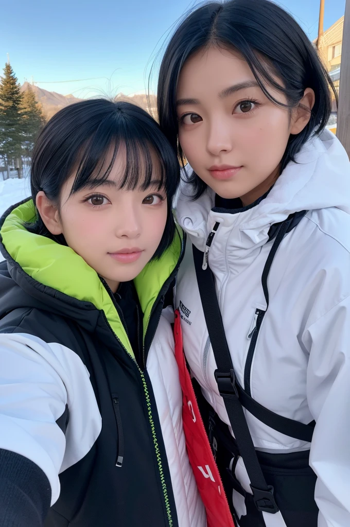 , Long blown by the wind [Blue-black:.3] hair,View Viewer, (masterpiece:1.3), (8k, Realistic, RAW Photos, highest quality: 1.4), Japanese, (One girl), Beautiful Face, (Realistic Face), (black hair, short hair:1.3), beautiful hairstyle, Realistic eyes, Beautiful fine details, (Realistic Skin), Beautiful Skin, Charm, Ultra-high resolution, Ultra-realistic, Very detailed, Ski Team - Insulated Ski Suits and Goggles.