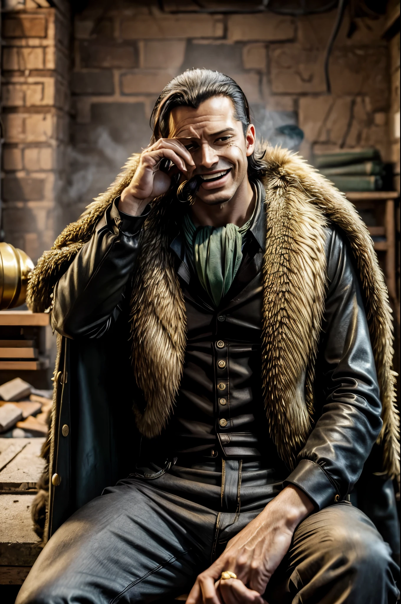 masterpiece, best quality, extremely detailed, hyperrealistic, photorealistic, a cool 40s man, ultra detailed face:1.2, fur-trimmed coat, scarf around the neck, his left hand is a golden pirate hook:1.1, basement, concrete, stack of money:1.1, piles of weapons, laughing, sitting, dynamic angle, cigar, smoke, sunglasses
