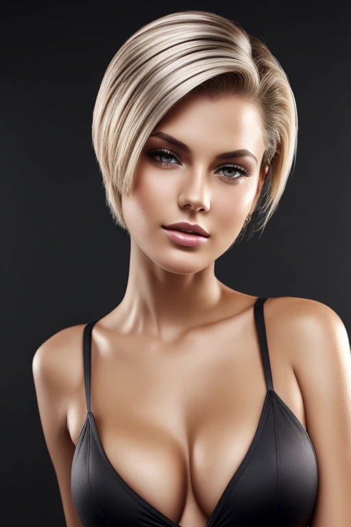 Gorgeous european woman with very short straight hair, short hair, wet hair, hair slicked back, combed straight back, slick hair, caramel blonde hair, seductive, cleavage, solid dark grey background