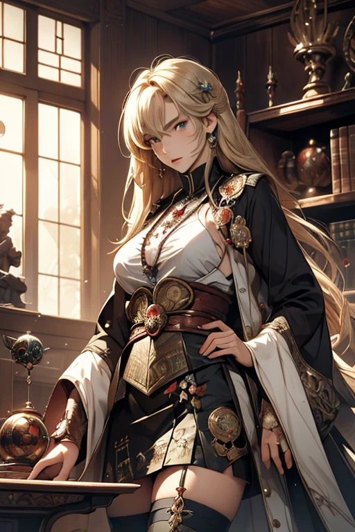 František Janoušek, Charles Reich, Kate Seredy, Alois Wachsman, Victor Ambrus, Surrealism, wonder, strange, bizarre, fantasy, Sci-fi, Japanese anime, Victorian treasure room, precision freak, indoor worshiping beautiful girl in miniskirt, perfect voluminous body, detailed masterpiece Hyper realistic sharp focus