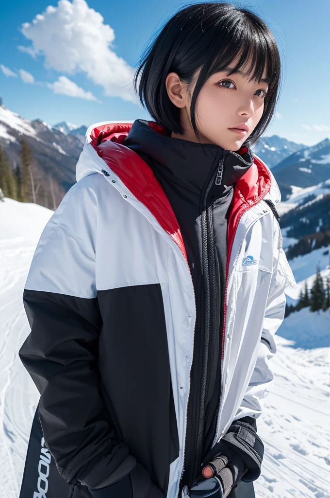 , Long blown by the wind [Blue-black:.3] hair,View Viewer, (masterpiece:1.3), (8k, Realistic, RAW Photos, highest quality: 1.4), Japanese, (One girl), Beautiful Face, (Realistic Face), (black hair, short hair:1.3), beautiful hairstyle, Realistic eyes, Beautiful fine details, (Realistic Skin), Beautiful Skin, Charm, Ultra-high resolution, Ultra-realistic, Very detailed, Ski Team - Insulated Ski Suits and Goggles.