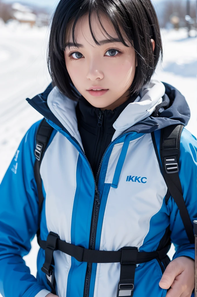 , Long blown by the wind [Blue-black:.3] hair,View Viewer, (masterpiece:1.3), (8k, Realistic, RAW Photos, highest quality: 1.4), Japanese, (One girl), Beautiful Face, (Realistic Face), (black hair, short hair:1.3), beautiful hairstyle, Realistic eyes, Beautiful fine details, (Realistic Skin), Beautiful Skin, Charm, Ultra-high resolution, Ultra-realistic, Very detailed, Ski Team - Insulated Ski Suits and Goggles.