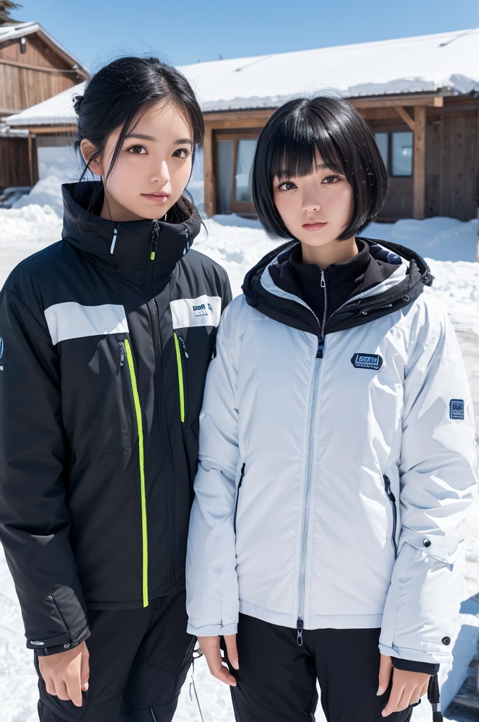 , Long blown by the wind [Blue-black:.3] hair,View Viewer, (masterpiece:1.3), (8k, Realistic, RAW Photos, highest quality: 1.4), Japanese, (One girl), Beautiful Face, (Realistic Face), (black hair, short hair:1.3), beautiful hairstyle, Realistic eyes, Beautiful fine details, (Realistic Skin), Beautiful Skin, Charm, Ultra-high resolution, Ultra-realistic, Very detailed, Ski Team - Insulated Ski Suits and Goggles.