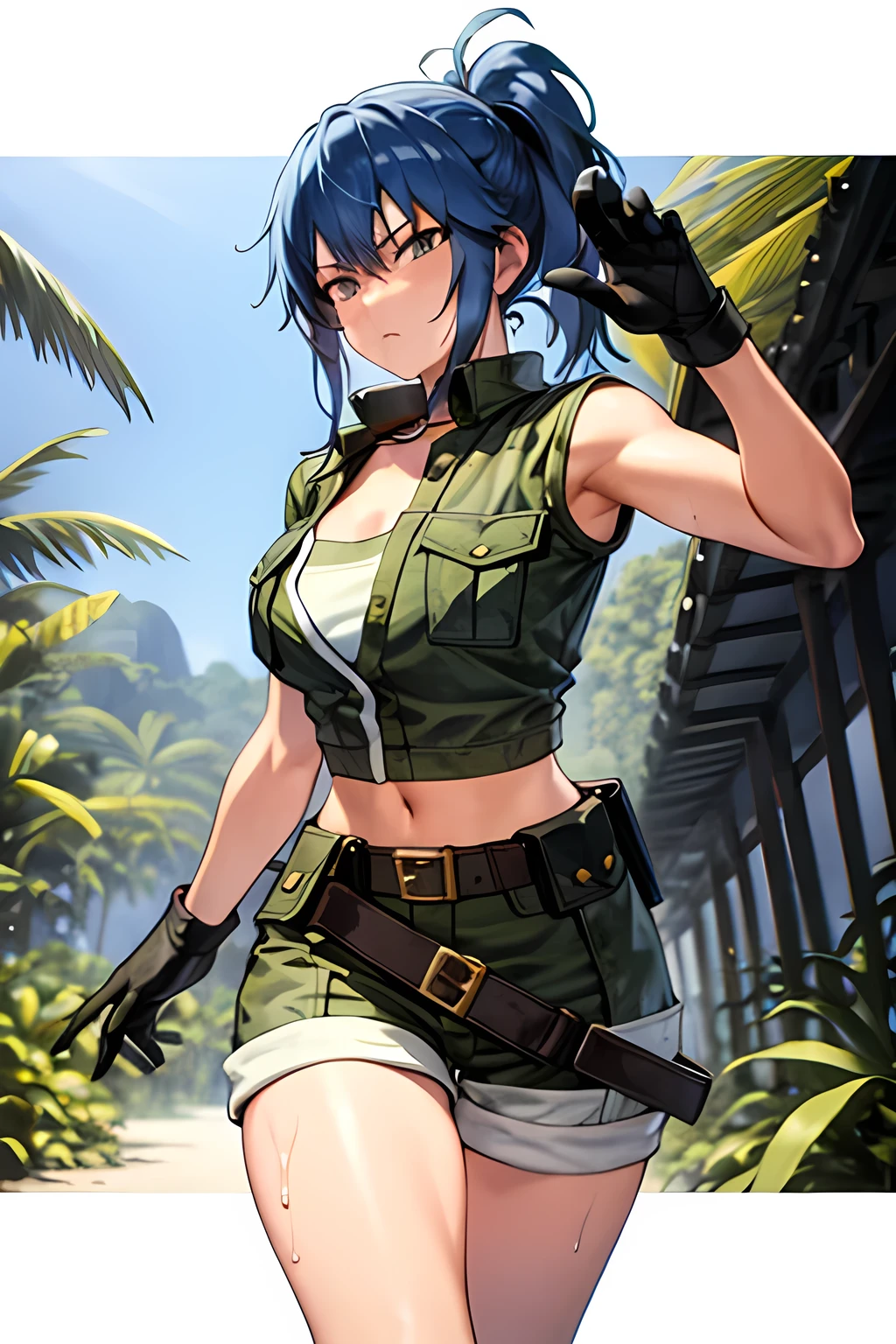 masterpiece, best quality, anime 1990s \(style\, leona heidern, sexy, naked, thong ,open vest., jungle, tactical, pony tail, serious, cammo, army, soldier, blue hair, warfare, war, wet, gloves, sexy pose, jungle girl, perfect hands, five fingers, long hair, tropical, belt, collar, cammo paint.