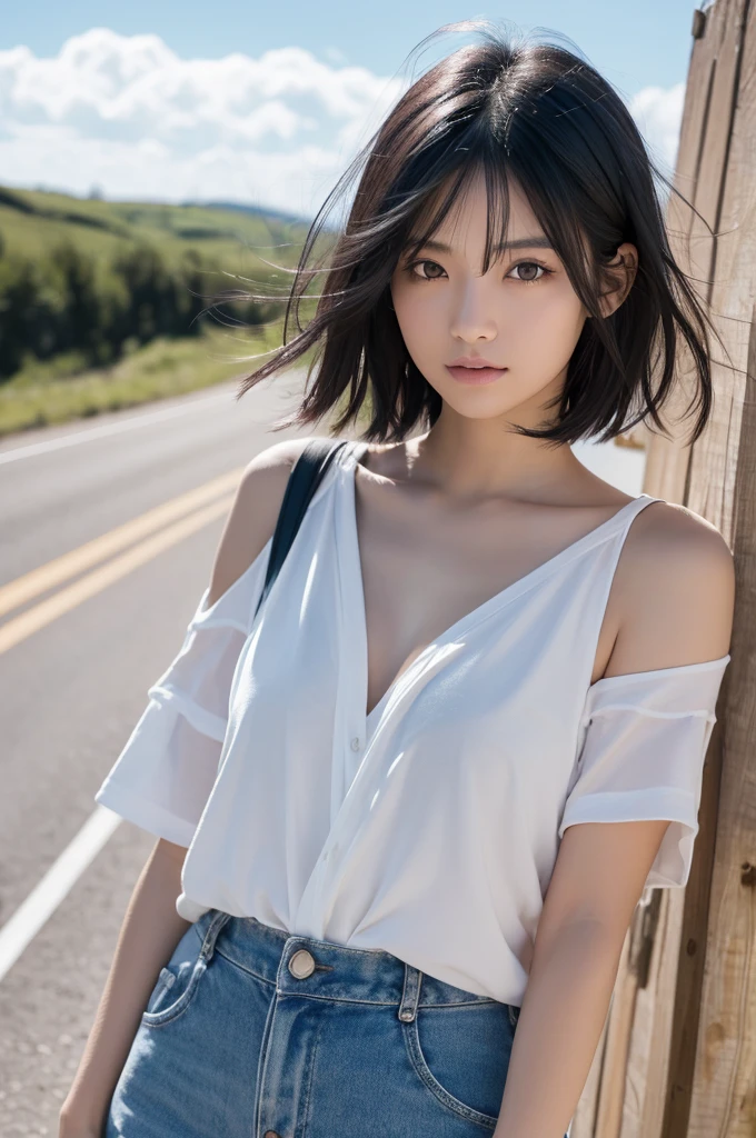, Long blown by the wind [Blue-black:.3] hair,View Viewer, (masterpiece:1.3), (8k, Realistic, RAW Photos, highest quality: 1.4), Japanese, (One girl), Beautiful Face, (Realistic Face), (black hair, short hair:1.3), beautiful hairstyle, Realistic eyes, Beautiful fine details, (Realistic Skin), Beautiful Skin, Charm, Ultra-high resolution, Ultra-realistic, Very detailed, team　naked　Slopes