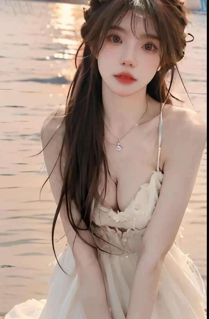 Beautiful woman with perfect body:1.4,Layered Hairstyle,Prominent cleavage,Highly detailed face and skin textures,Double eyelids,Skin Whitening,Long hair,Whitened long legs,(Princess dress,necklace),Standing by the sea