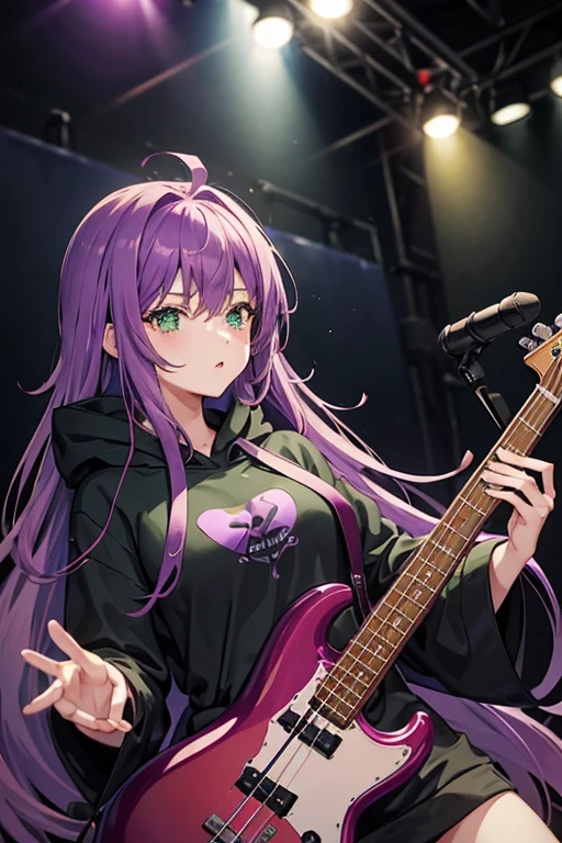 background through, purple hair girl, (((green eyes)))、 Super high quality, 8K、Upper body、 Band bassist、 (black hoodie)、 red bassguitar、 ((big tits)), purple-haired girl、