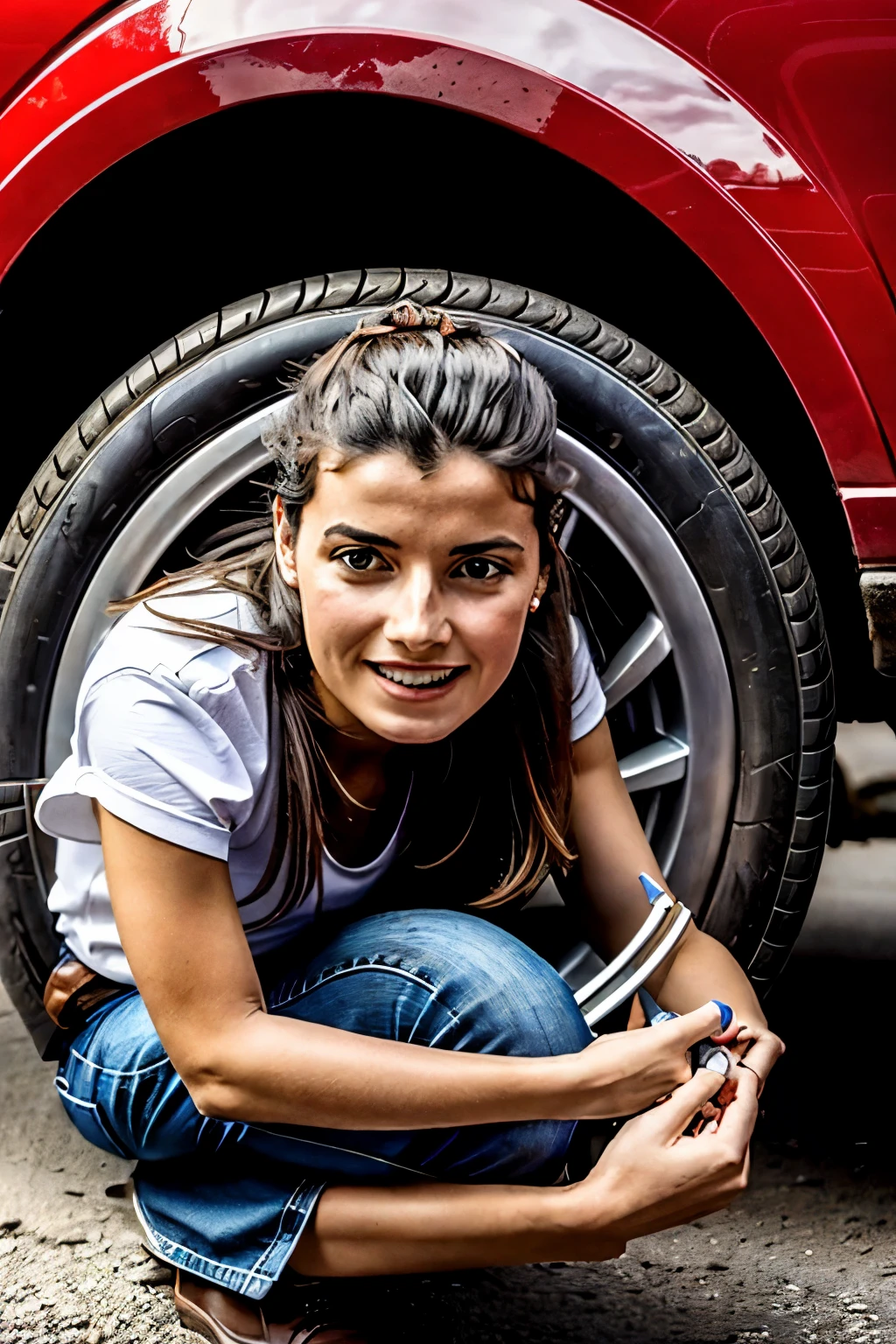 jeune femme qui change un pneu de voiture