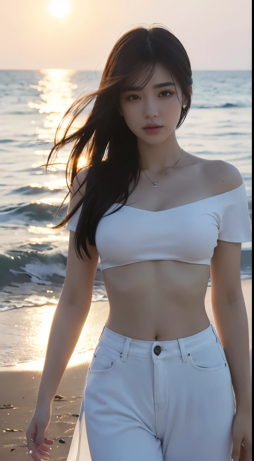 (logo、masterpiece、8k、Tabletop、RAW Photos、wonderful、最high quality、Photorealistic and Very detailed CG integrated 8k wallpaper、high quality、Very detailed、Narrative poem、Particle Effects、Dynamic Effects、Written boundary depth、Cinematic Light、Lens flare、Ray Tracing)、Fantasy、 (One beautiful woman、White pants、White T-shirt、White tube top、White crop top、Black-haired、Beautiful Face、True Face、Beautiful details、eye、Beautiful Skin、Ultimate Body、glamorous)、私の髪はWindに舞う、Hair flutters in Wind、Hair bounces、Seaside、wonderful景色、Coastal、sunrise、Sun in the background、Wind、Beach