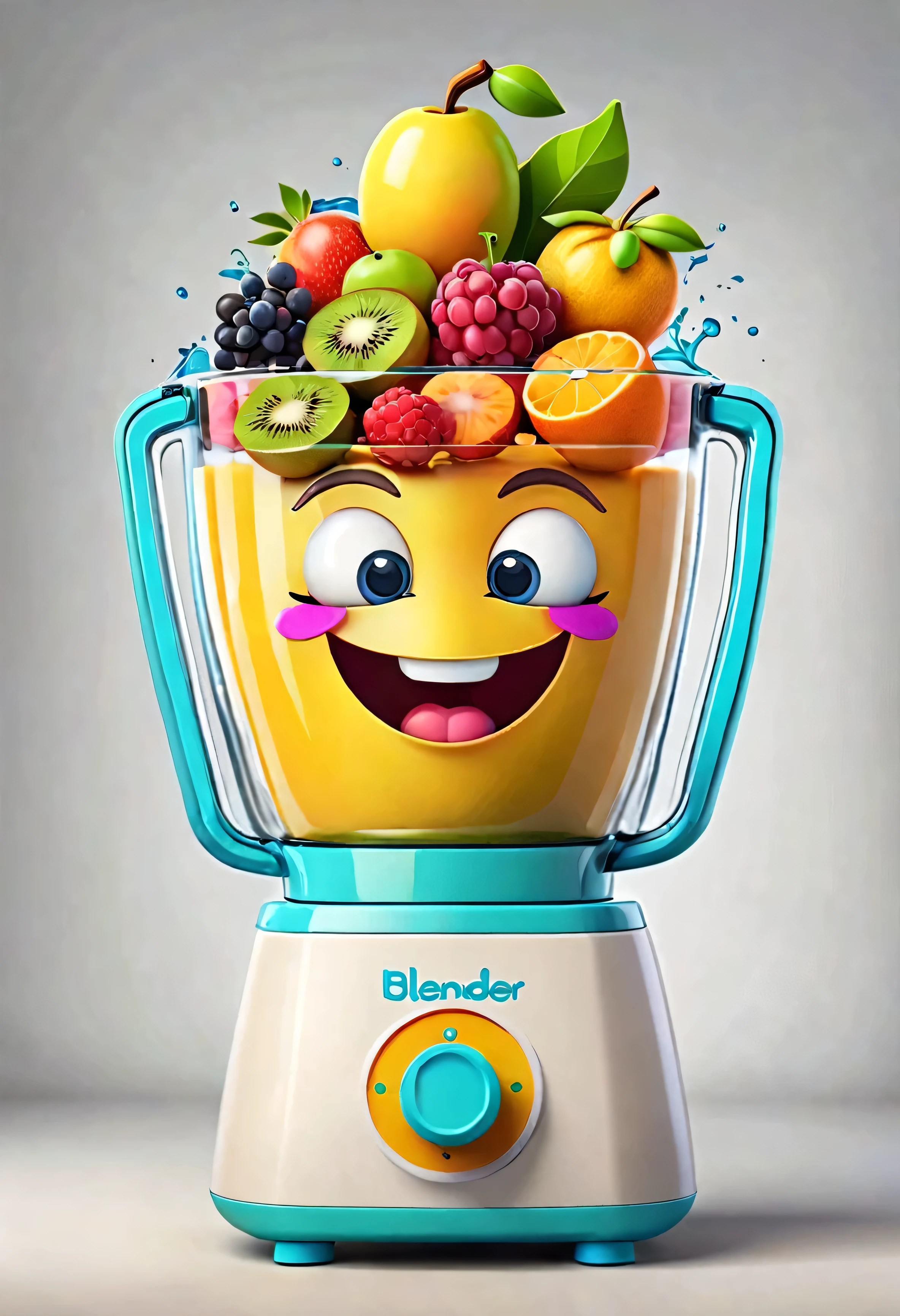 A whimsical, cartoonish emoji of a blender filled with colorful fruits. The blender should be vibrant and fun, with exaggerated features and a cheerful expression.