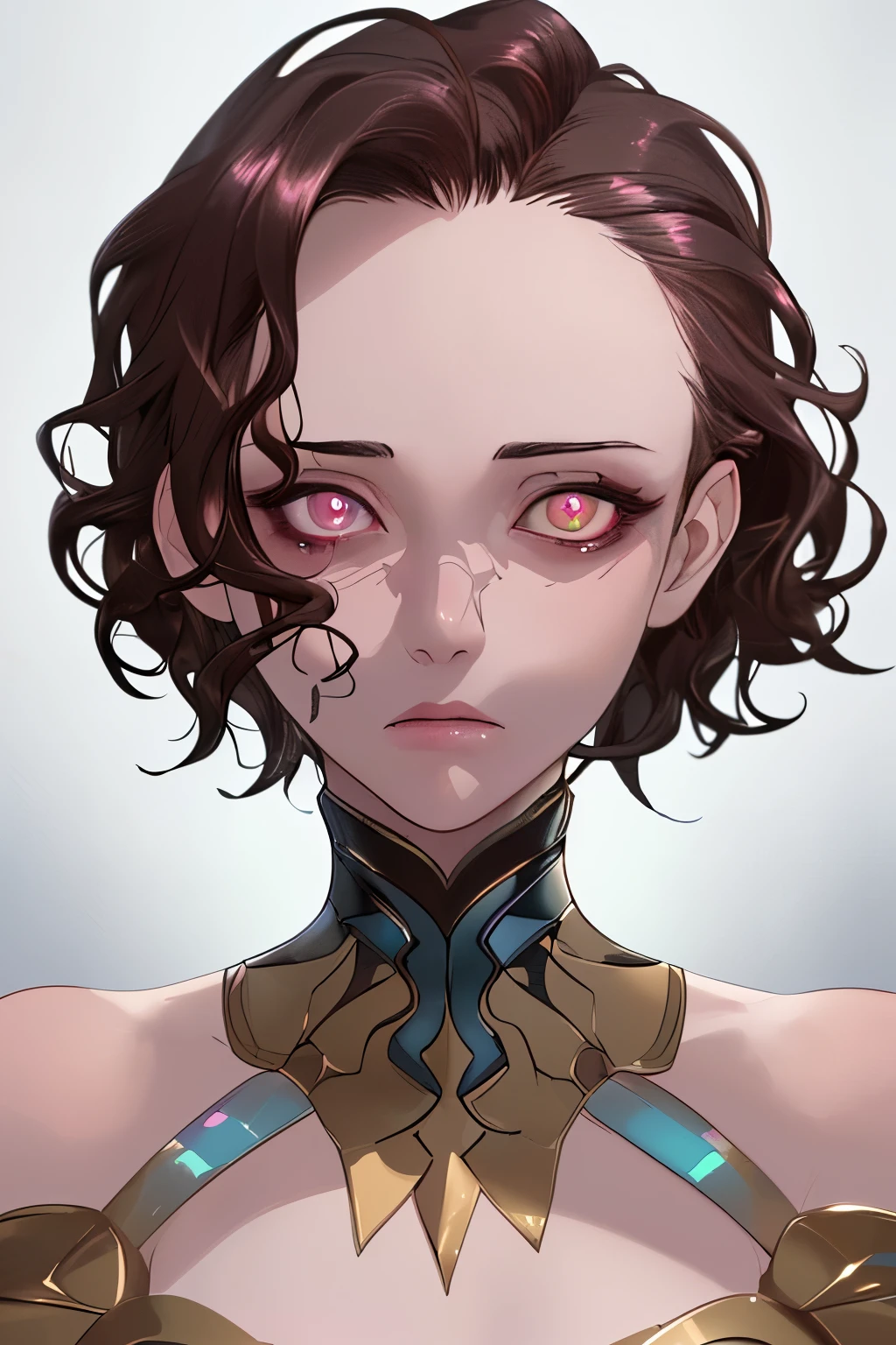 face-up, portrait, best quality, super fine, 16k, incredibly absurdres, extremely detailed, 2.5D, delicate and dynamic, beautiful woman, shining iridescent pupils, empty eyes, ivory messy wavy short hair, forehead, captivating look, aroused expression, great effects, backgrounds destruction