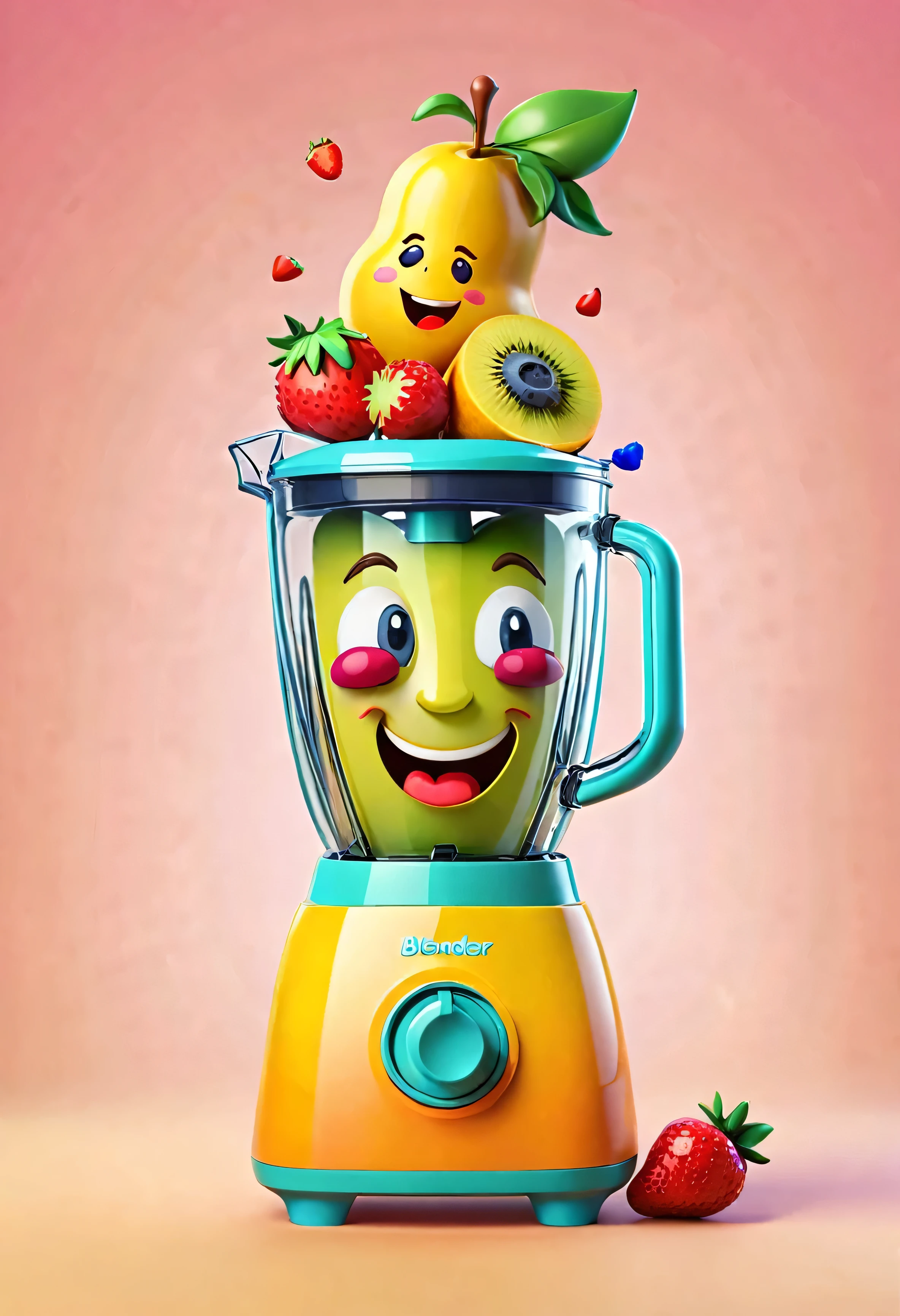 A whimsical, cartoonish emoji of a blender filled with colorful fruits. The blender should be vibrant and fun, with exaggerated features and a cheerful expression.