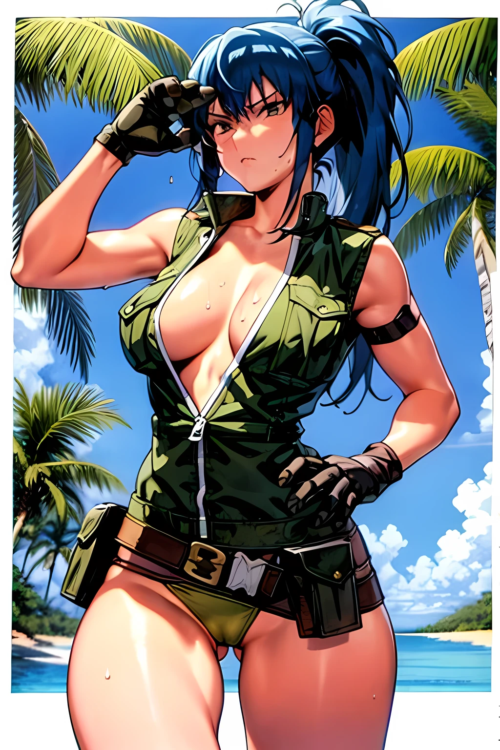 masterpiece, best quality, anime 1990s \(style\, leona heidern, sexy, naked, thong ,open vest., jungle, tactical, pony tail, serious, cammo, army, soldier, blue hair, warfare, war, wet, gloves, sexy pose, jungle girl, perfect hands, five fingers, long hair, tropical, belt.