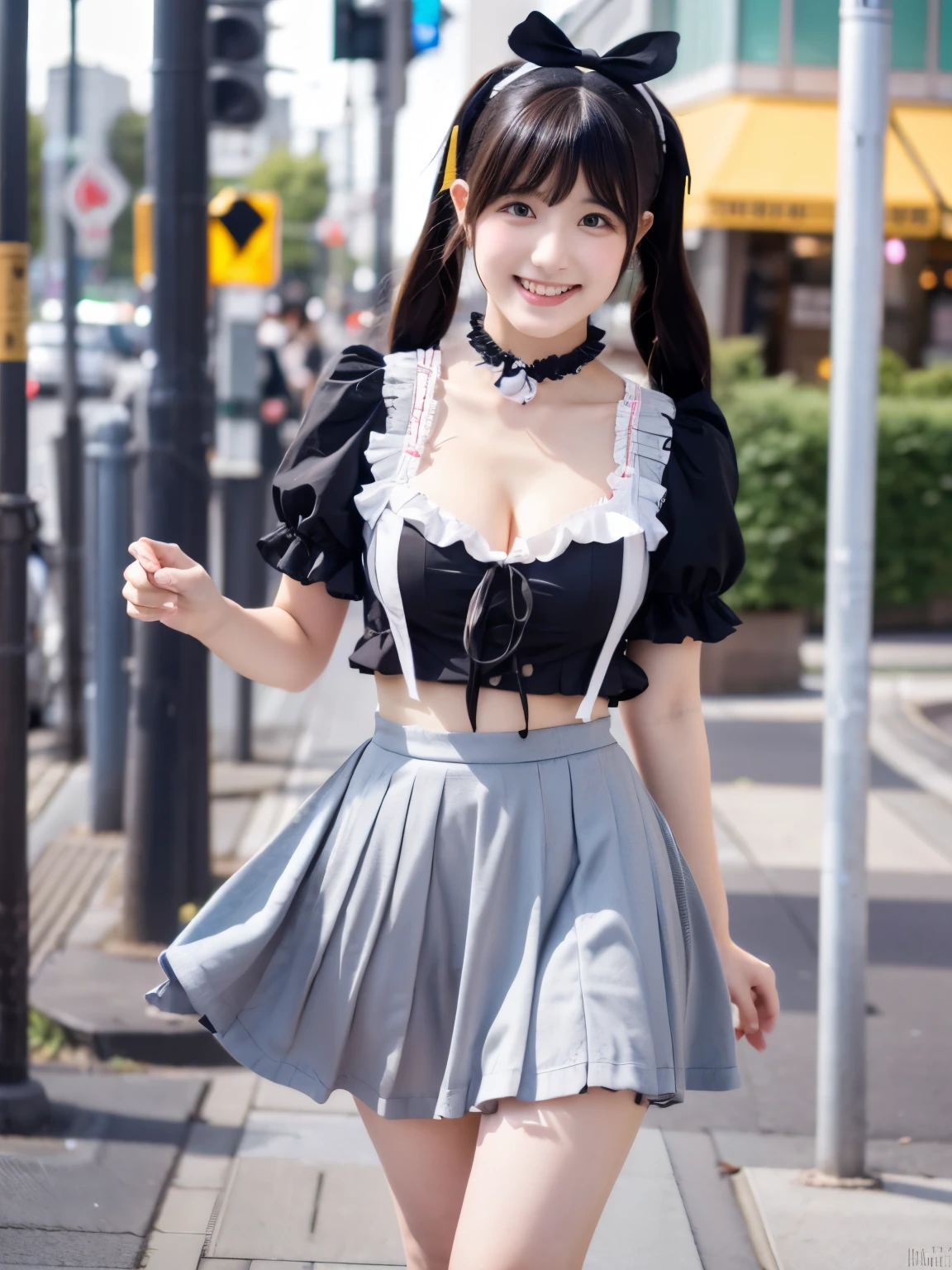 Cute face like an 18-year-old idol Smiling Kindly Japanese Gothic Lolita Cosplay Frills mini skirt I can see your pants Cleavage Walking on urban sidewalks Whole body RAW Photos High resolution Genuine live-action Accurate depiction Realistic