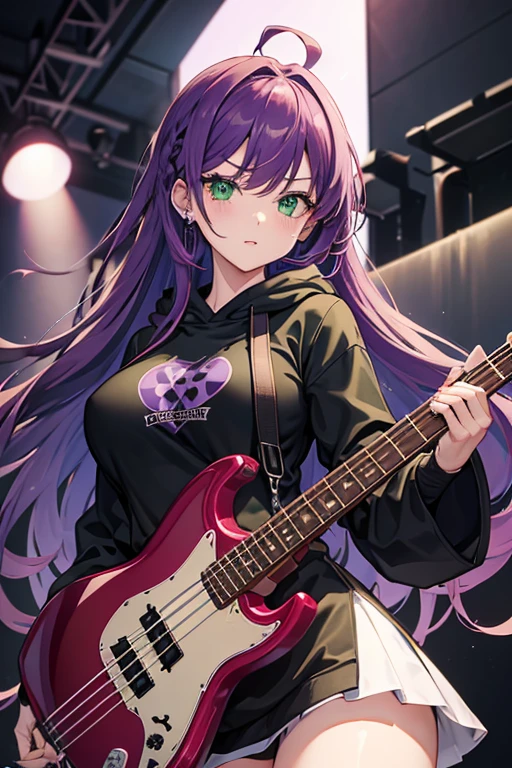background through, purple hair girl, (((green eyes)))、 Super high quality, 8K、Upper body、 Band bassist、 (black hoodie)、 red bassguitar、 ((big tits)), purple-haired girl、