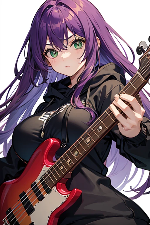 background through, purple hair girl, (((green eyes)))、 Super high quality, 8K、Upper body、 Band bassist、 (black hoodie)、 red bassguitar、 ((big tits)), purple-haired girl、