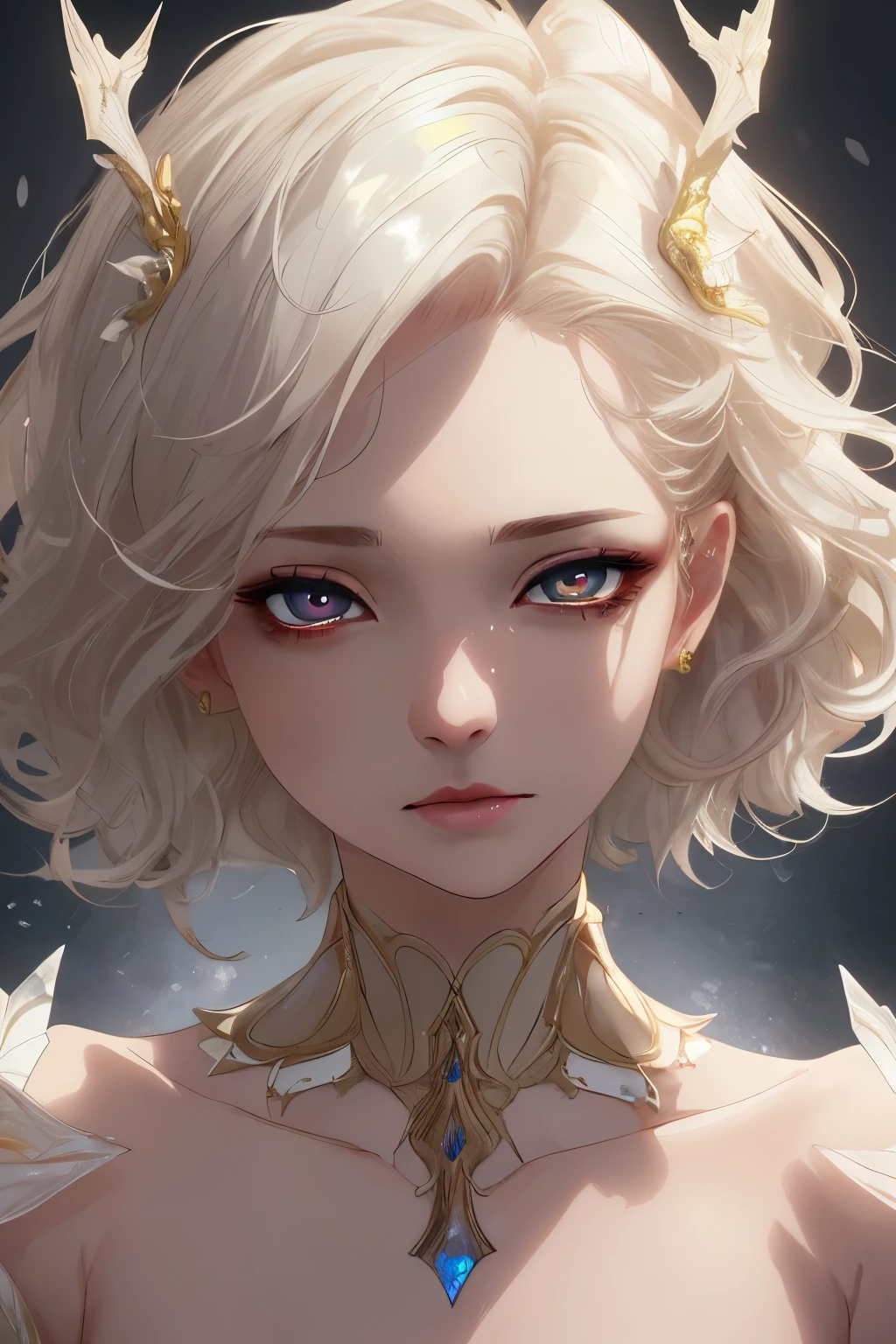 face-up, portrait, best quality, super fine, 16k, incredibly absurdres, extremely detailed, 2.5D, delicate and dynamic, beautiful woman, shining iridescent pupils, empty eyes, ivory messy wavy short hair, forehead, captivating look, aroused expression, great effects, backgrounds destruction