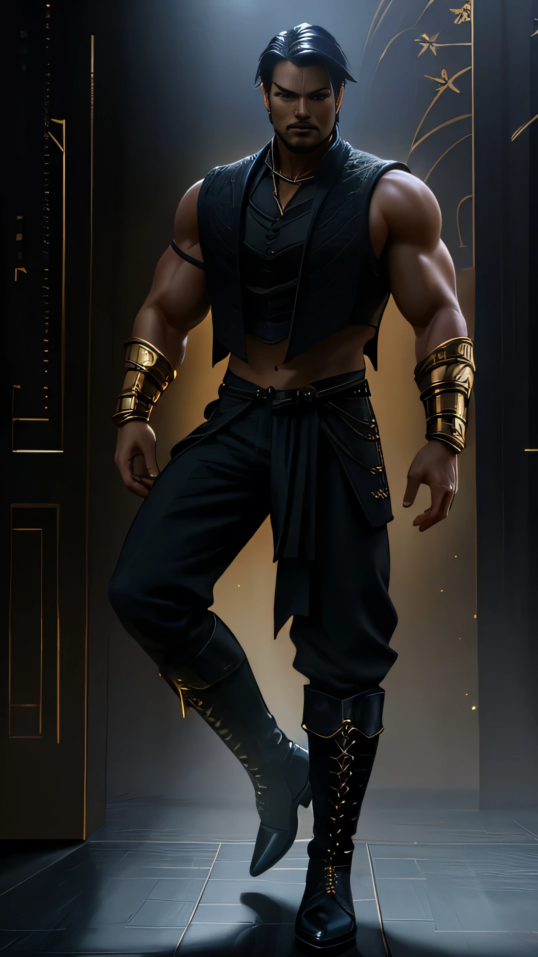 (Karl Urban) as Taven from Mortal Kombat, short black hair, black sleevless vest, (????? torso), black wide trousers, boots, (golden patterns:1.2), Dragon symbol, amulet, 1man, solo, full body view, front view, looking at viewer, intricate, high detail, sharp focus, dramatic, photorealistic painting art by greg rutkowski