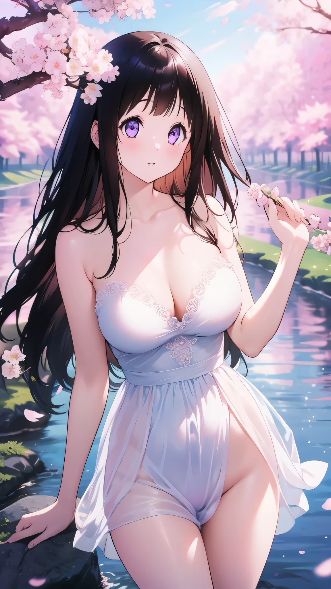 Amazing Chitanda, There is only one beautiful girl,Purple Eyes, Black Hair, Very red face,Very white skin,Glowing skin,Skin as delicate as porcelain,Naturally straight hair, Straight bangs,Extremely refined,Open lips,Long flowing hair,Beautiful Girl, Like a dream,Slim,Slim waist,Soft, (Sensual), (Kawaii), Dream quality,Beautiful big breasts,Areola,Completely naked,Wearing a transparent wedding dress,Flower decoration,Deep V neckline,Loose neckline,Wide neckline,Splash around the river,Next to the cherry blossom trees,Back to,Lean over,Hips,Side body,Gluteal groove,Bare back,Completely naked back,Light transmission,no pants,pussy juice,Bare shoulders,Bare neck,Exposed collarbone,Exposing breasts,Exposing breasts side,Show your waist,Show your buttocks,Show your thighs,Exposing the groin,No pants,extremely shy,Ultra-high resolution, (masterpiece:1.2, best quality), (Delicate and beautiful eyes: 1.2), (Beautiful and delicate face)
