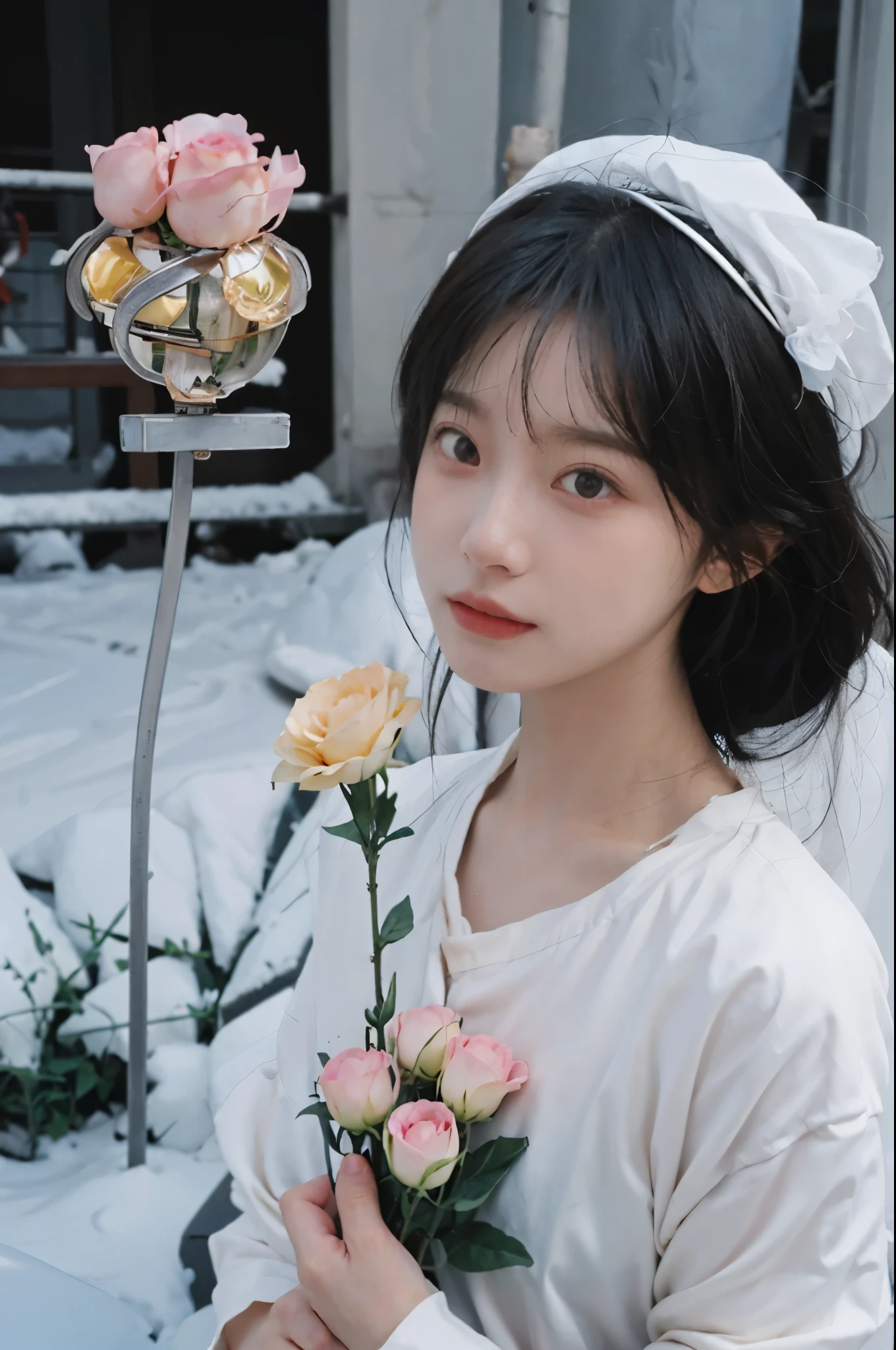 best quality, ultra high resolution,Sunshine scene,(realistically:1.4), 2 girls,of dresses,issue card,twin? rose rain,A pair of eyes as clear as snow,Royal sister,looking at the audience, close up ,