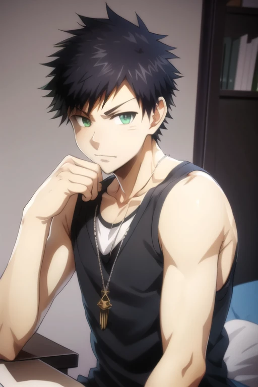 masterpiece, best quality, high quality, 1boy, solo, male focus, looking at viewer, upper body, tatsuya_bungo, black hair, green eyes, spiked hair, , tank top