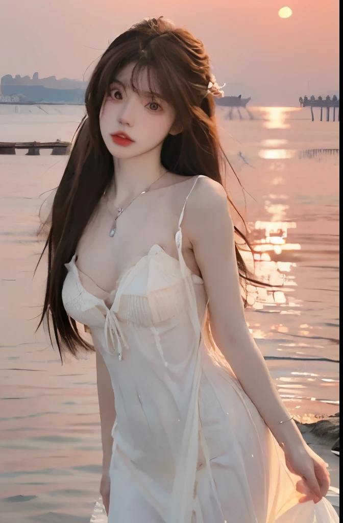 Beautiful woman with perfect body:1.4,Layered Hairstyle,Prominent cleavage,Highly detailed face and skin textures,Double eyelids,Skin Whitening,Long hair,Whitened long legs,(Princess dress,necklace),Standing by the sea