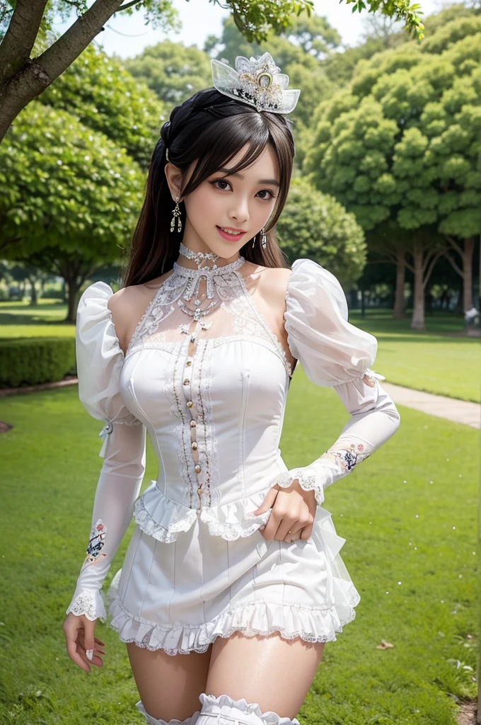 nsfw, sexy stylish Thai model, only 1 female, ((doll-like appearance)), short Mahogany stylish hair, ((shiny Victorian-Style boots)), (big smile), ultra detailed eyes, vivid eye makeup, lip-gloss, long lashes, defined eyebrows, ((sexy Paradise Kiss cosplay)), bell-shaped skirt, petticoats, high neckline, puffed sleeves, ((ultra detailed lace)), ((ultra detailed embroidery)), intricate details, Paradise Kiss accessoires and matching headpiece, choker, ((large sparkling Paradise Kiss jewelry)), cinematic light, detailed large park background with trees