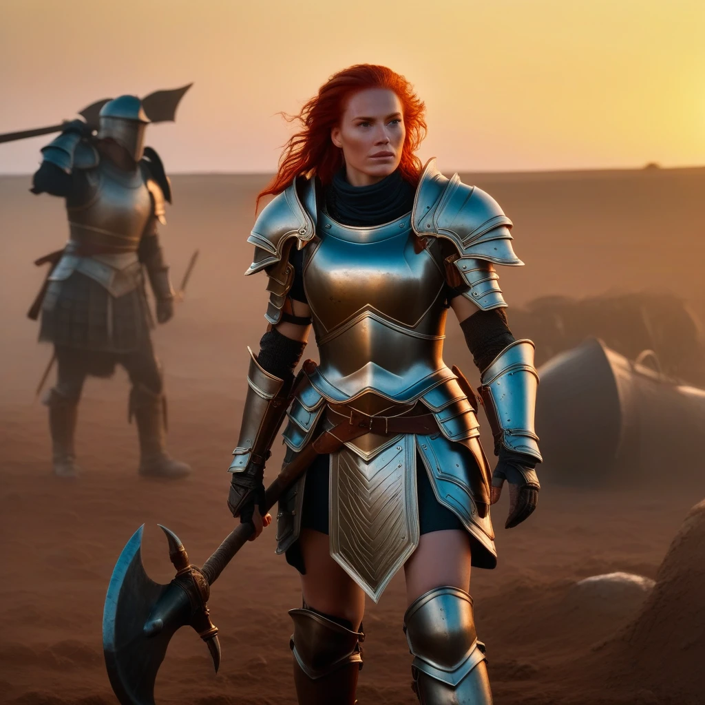 ((Masterpiece)), ((Best Quality)), (Very Detailed), (Very Detailed)), 4K, (8K), very aesthetic, absurdres highres, old oil painting, A tall and sturdy female warrior with red hair, carrying a large axe on her shoulder, wearing armor and a helmet dirtied with soil, dust, and monster fluids, standing on an ancient battlefield at dusk, with a tense atmosphere and the light of the setting sun reflecting off her armor.
