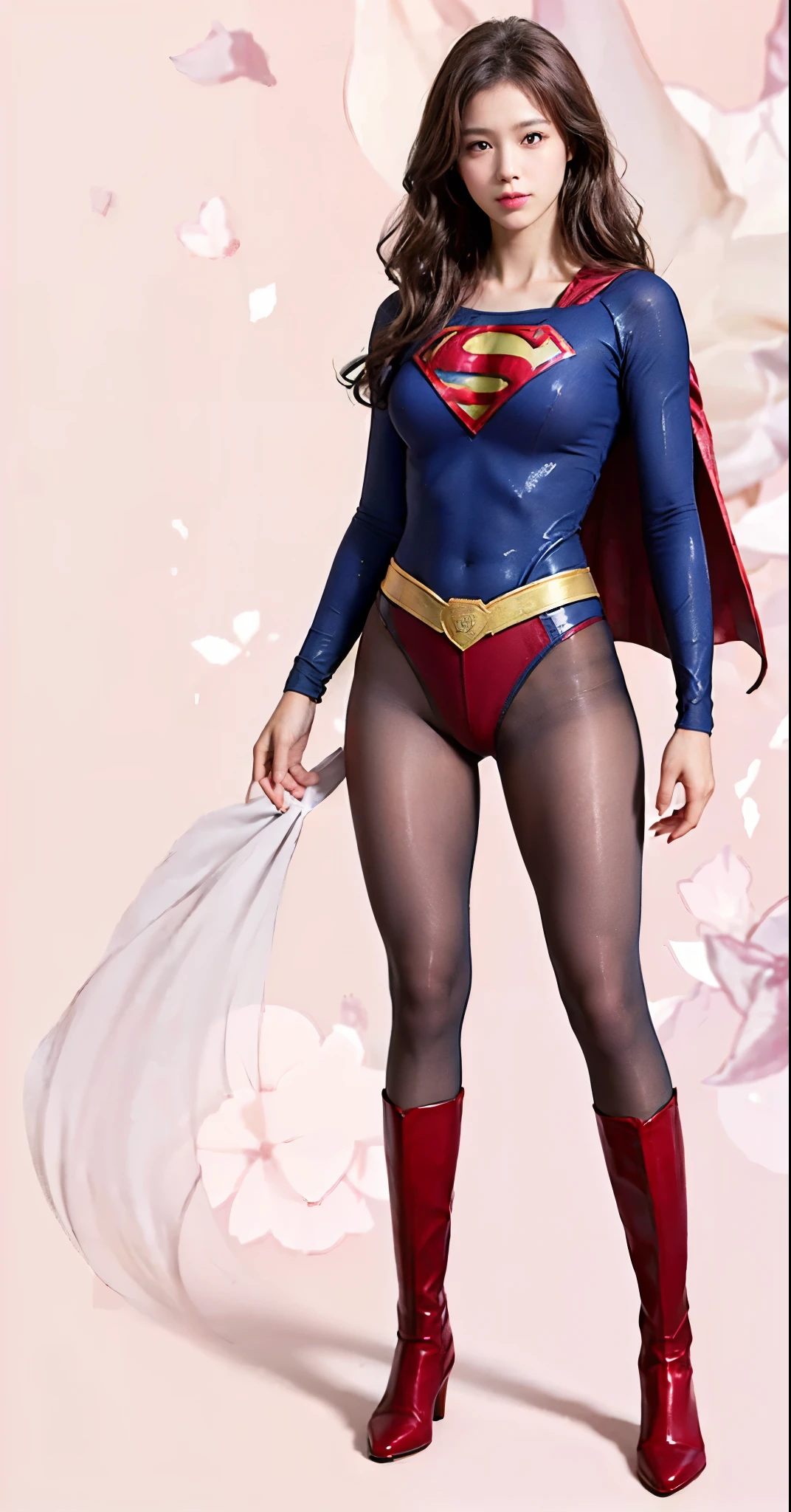 No background、(((Beautiful legs in black tights.)))、(((Legally express the beauty of your smile)))、((((Make the most of your original images)))、(((Supergirl Costume)))、(((Beautiful hairstyle)))、(((suffering)))、(((Please wear black tights....、Wear red boots)))、((Best image quality、8k))、((highest quality、8k、masterpiece:1.3))、(((Preserve background )))、Sharp focus:1.2、Beautiful woman with perfect figure:1.4、Slim Abs:1.2、Wet body:1.5、Highly detailed face and skin texture、8k