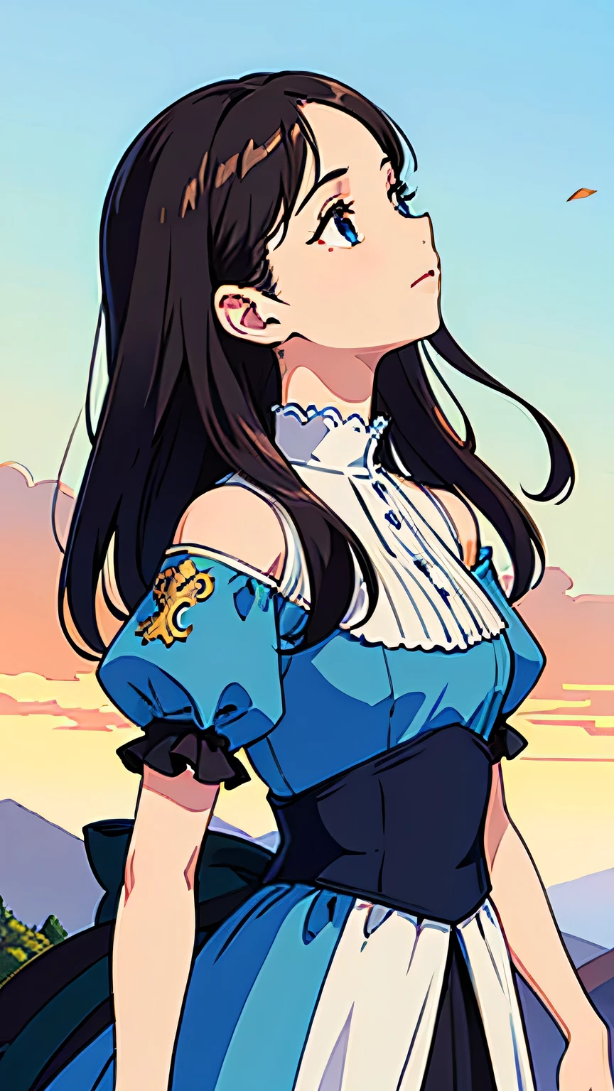 ((highest quality)), ((masterpiece)), (detailed), Perfect Face(highest quality)), ((masterpiece)), (detailed), Perfect Face、Landscape、profile、whole body、Are standing、Simple Background、hair longer than shoulders、Straight Hair、Short sleeve、Puff sleeves、Upper Body